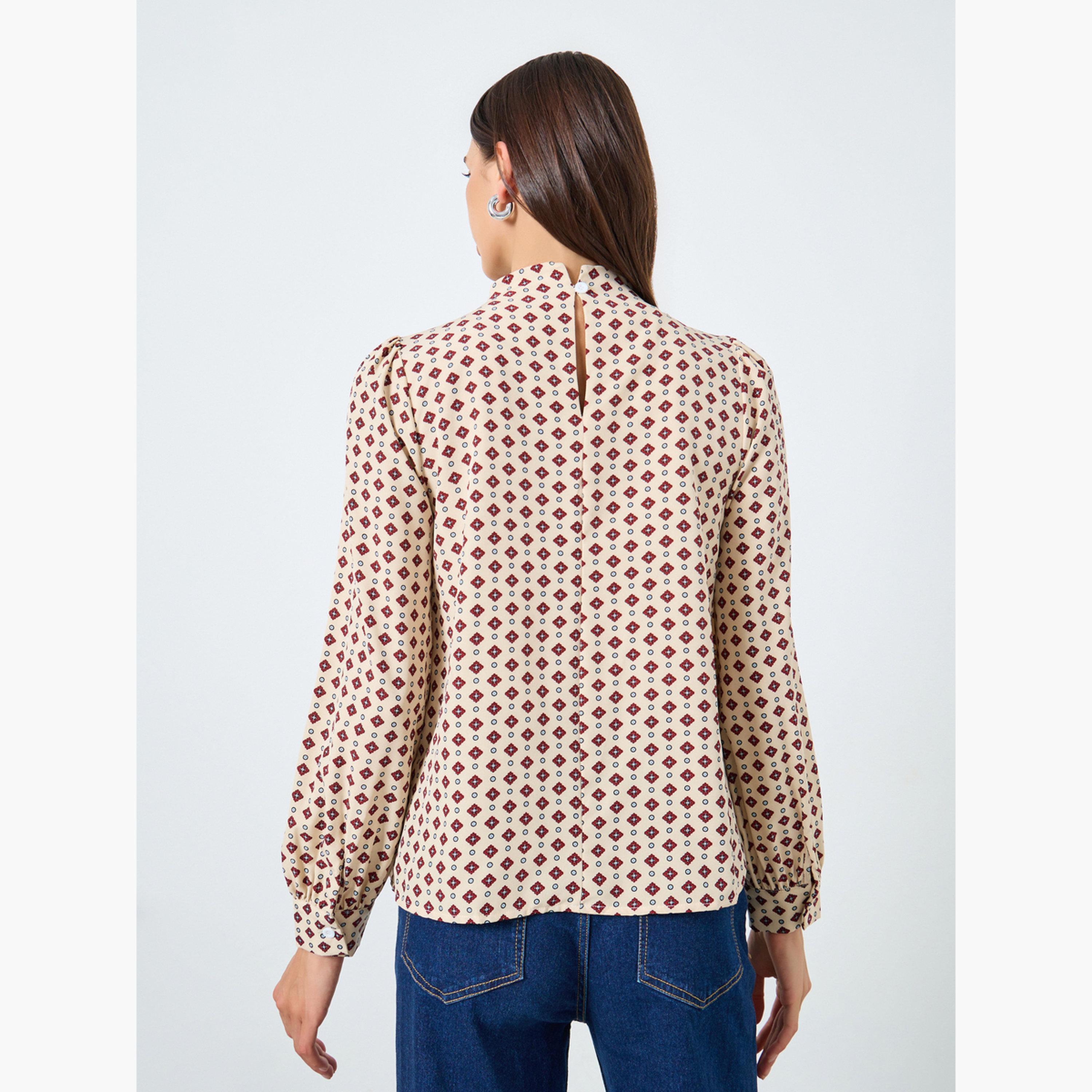 تيك تو - بلوزة بأكمام منتفخة رقبة وهمية مطبوعة بالكامل-women-clothing-shirtsandblouses-blouses-image-4