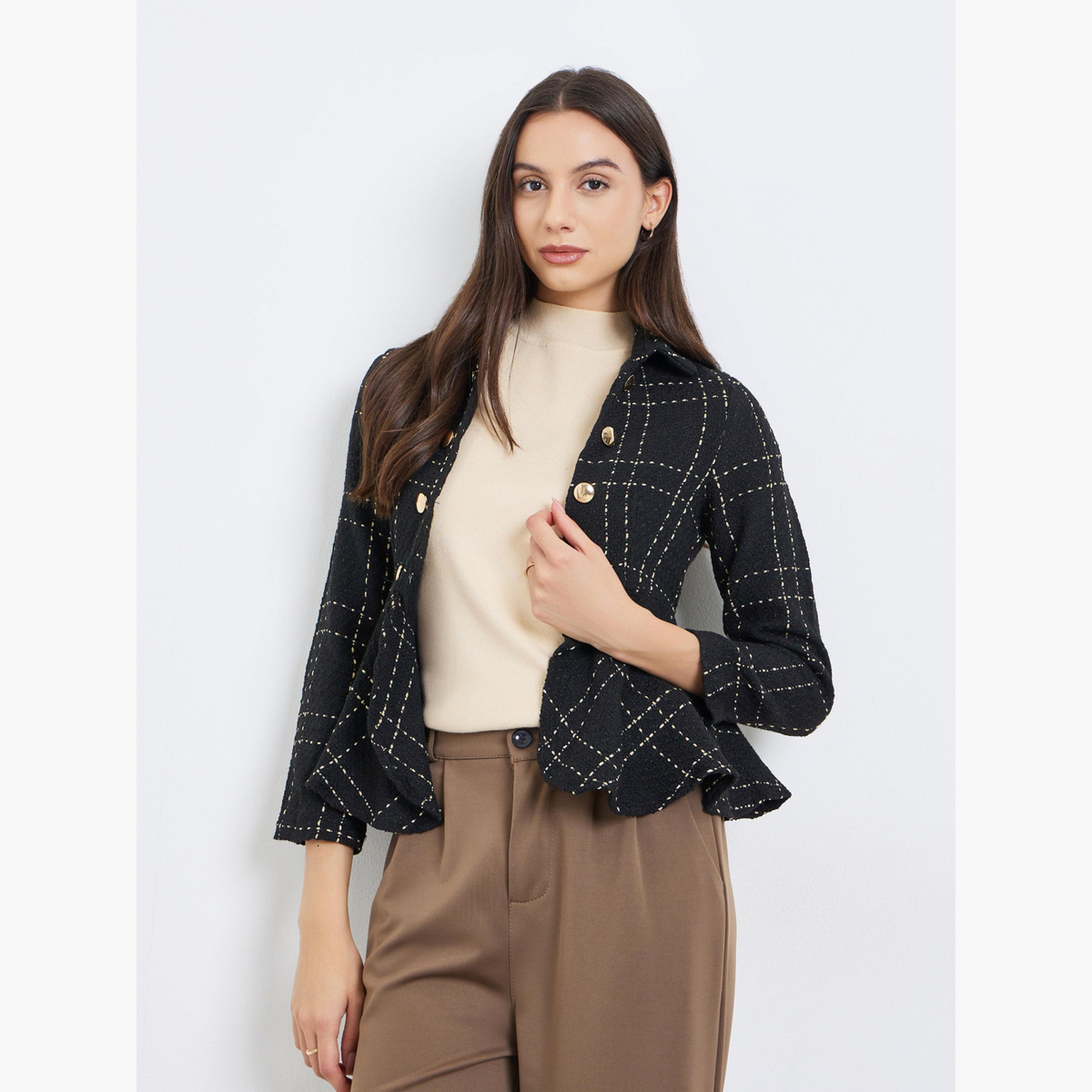 Take Two Black Tweed Checked Collared Long Sleeves Women's Buttoned Blazer-women-winterwear-coatsandjackets-jackets-image-1