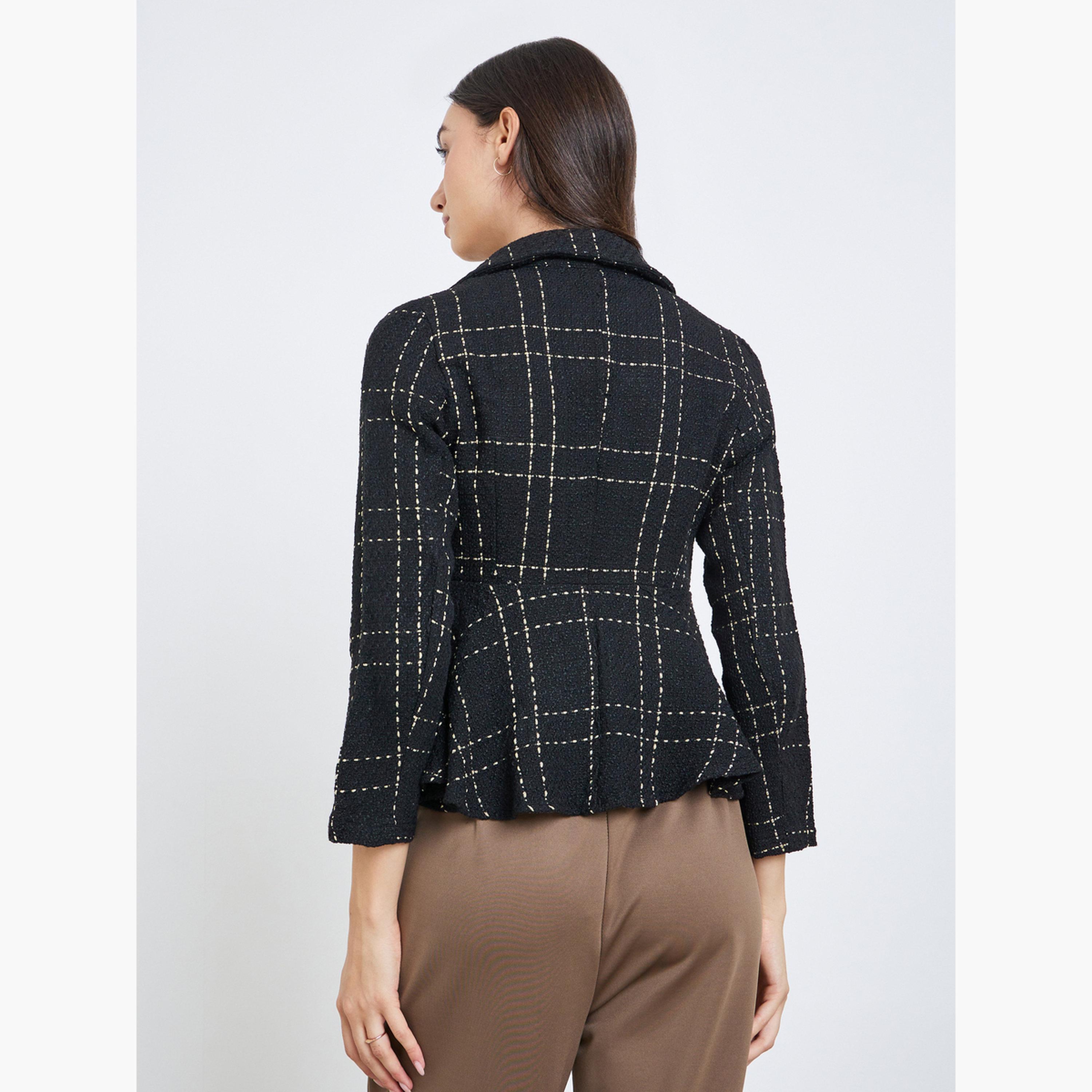 تيك تو - بليزر نسائي أسود من قماش التويد المنقوش بأكمام طويلة وياقة وأزرار-women-winterwear-coatsandjackets-jackets-image-3