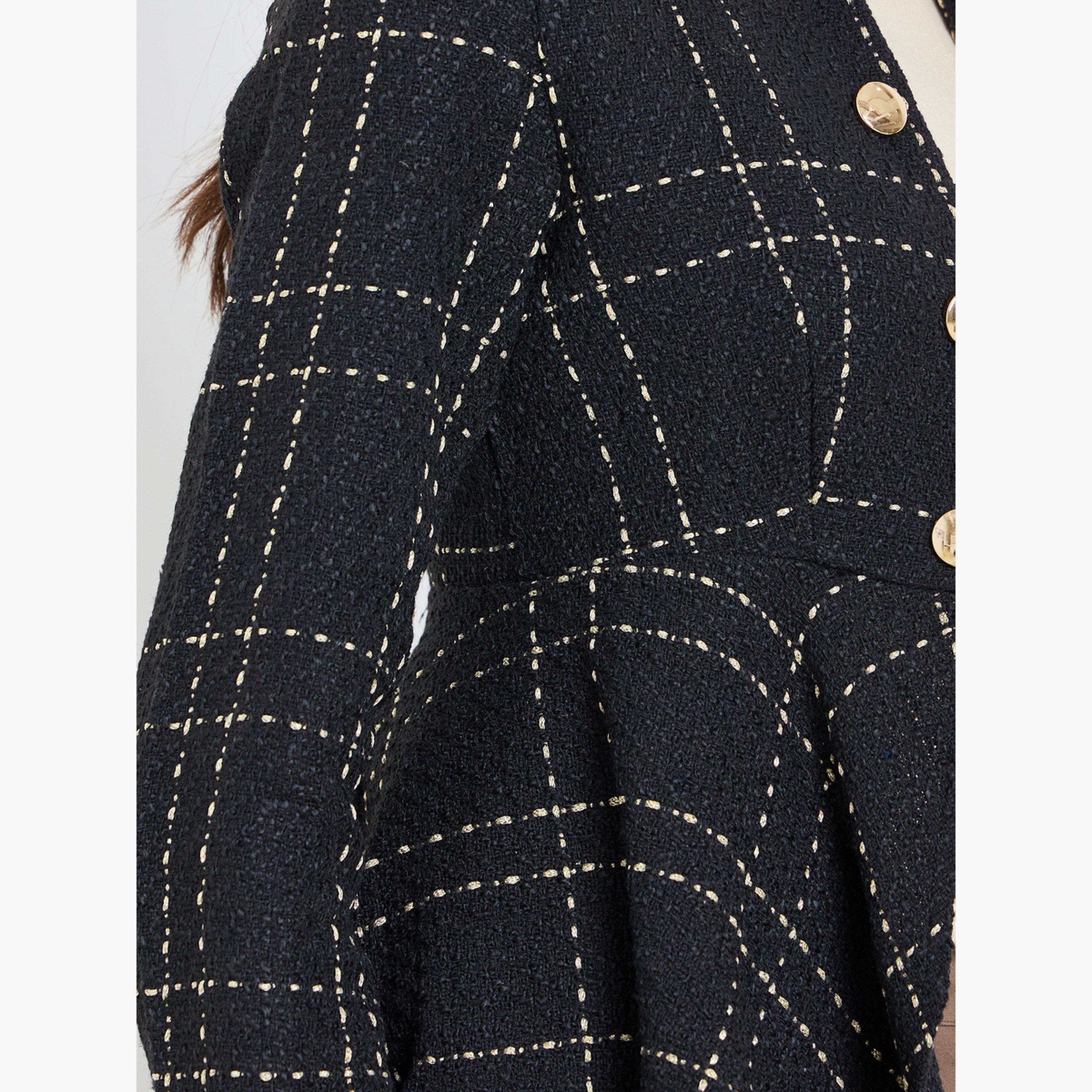 Take Two Black Tweed Checked Collared Long Sleeves Women's Buttoned Blazer-women-winterwear-coatsandjackets-jackets-image-4