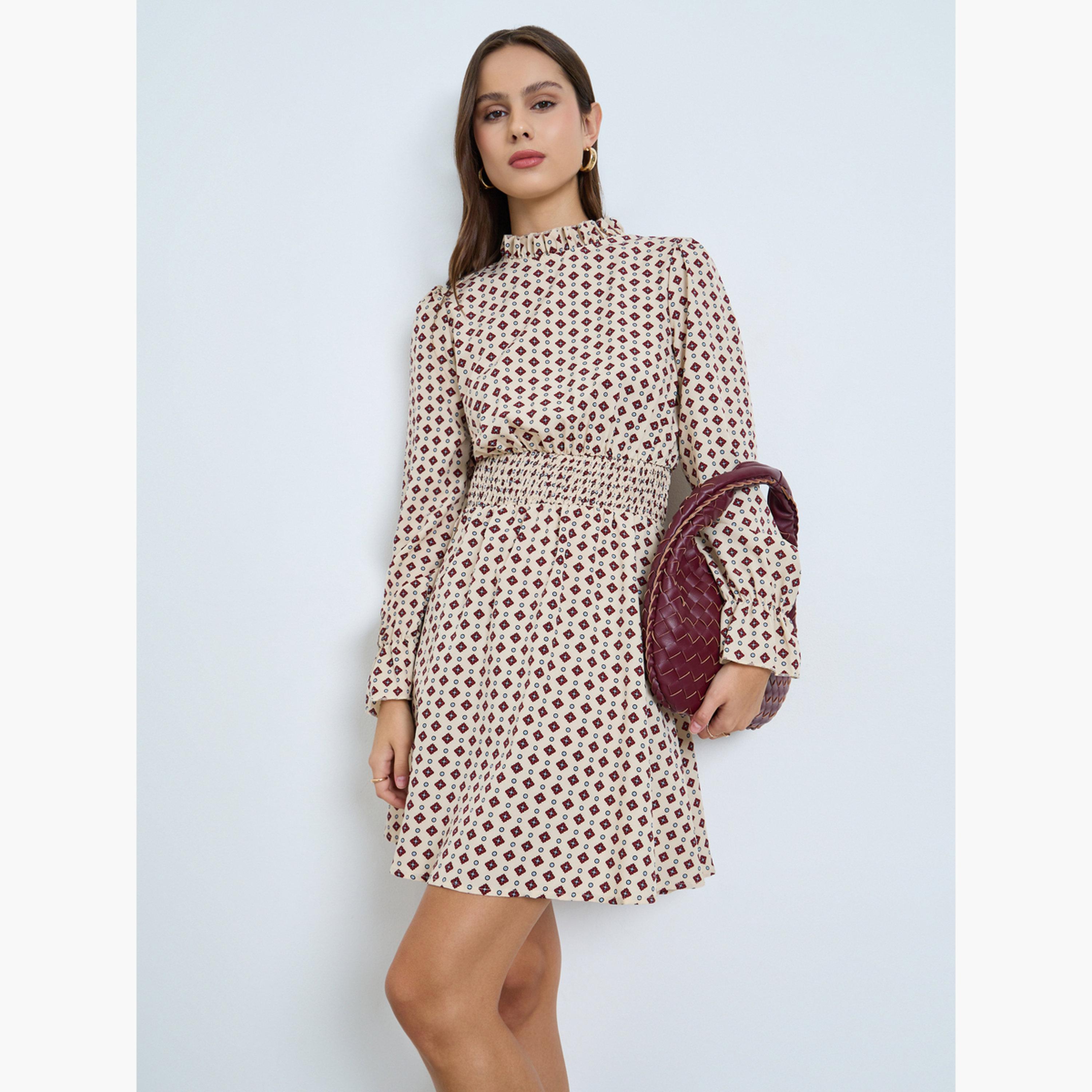 تيك تو - فستان قصير تصميم A بلون بيج مزخرف بالكامل-women-clothing-dresses-image-1
