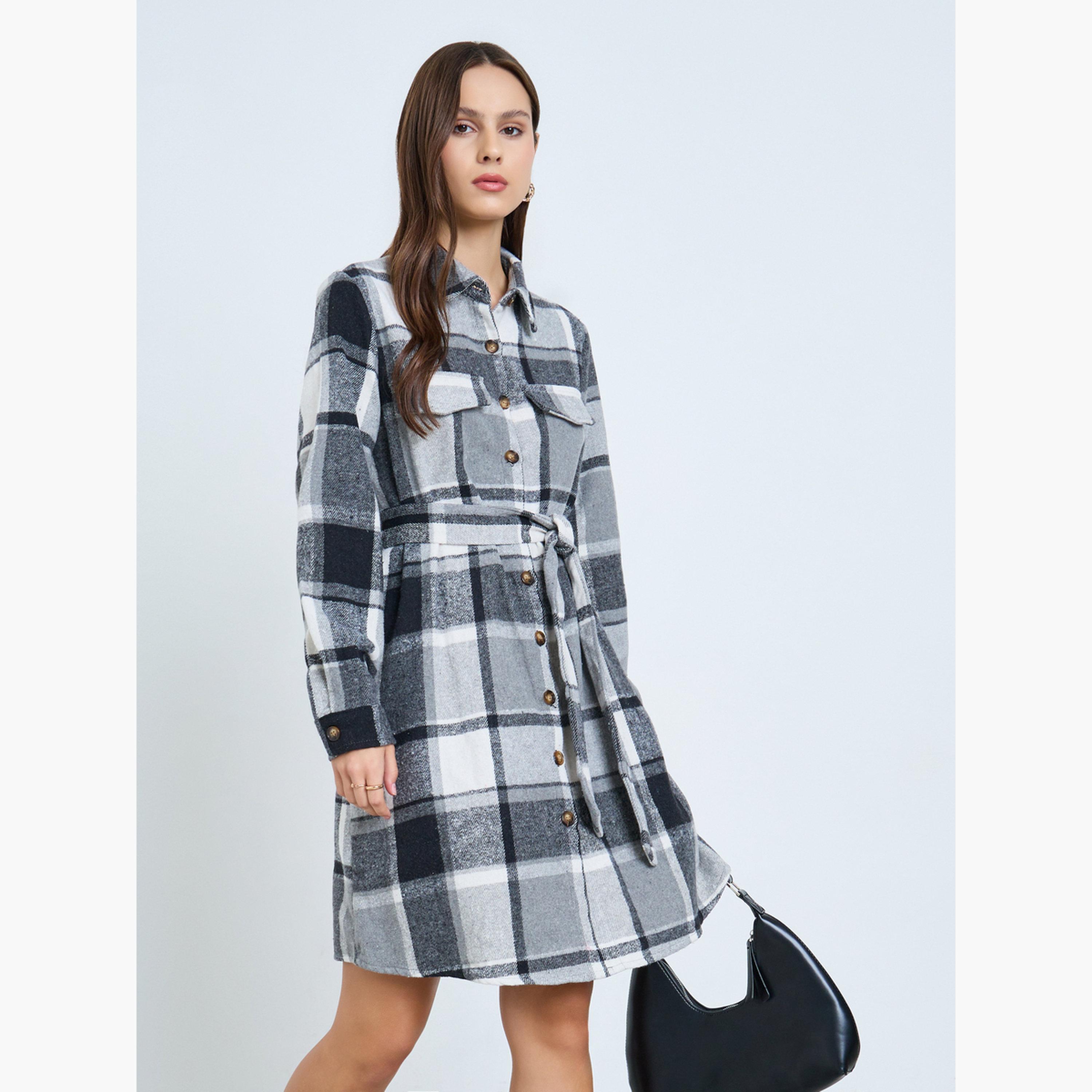 تيك تو - فستان قميص ميني بنقشة مربعات مع حزام-women-clothing-dresses-image-1