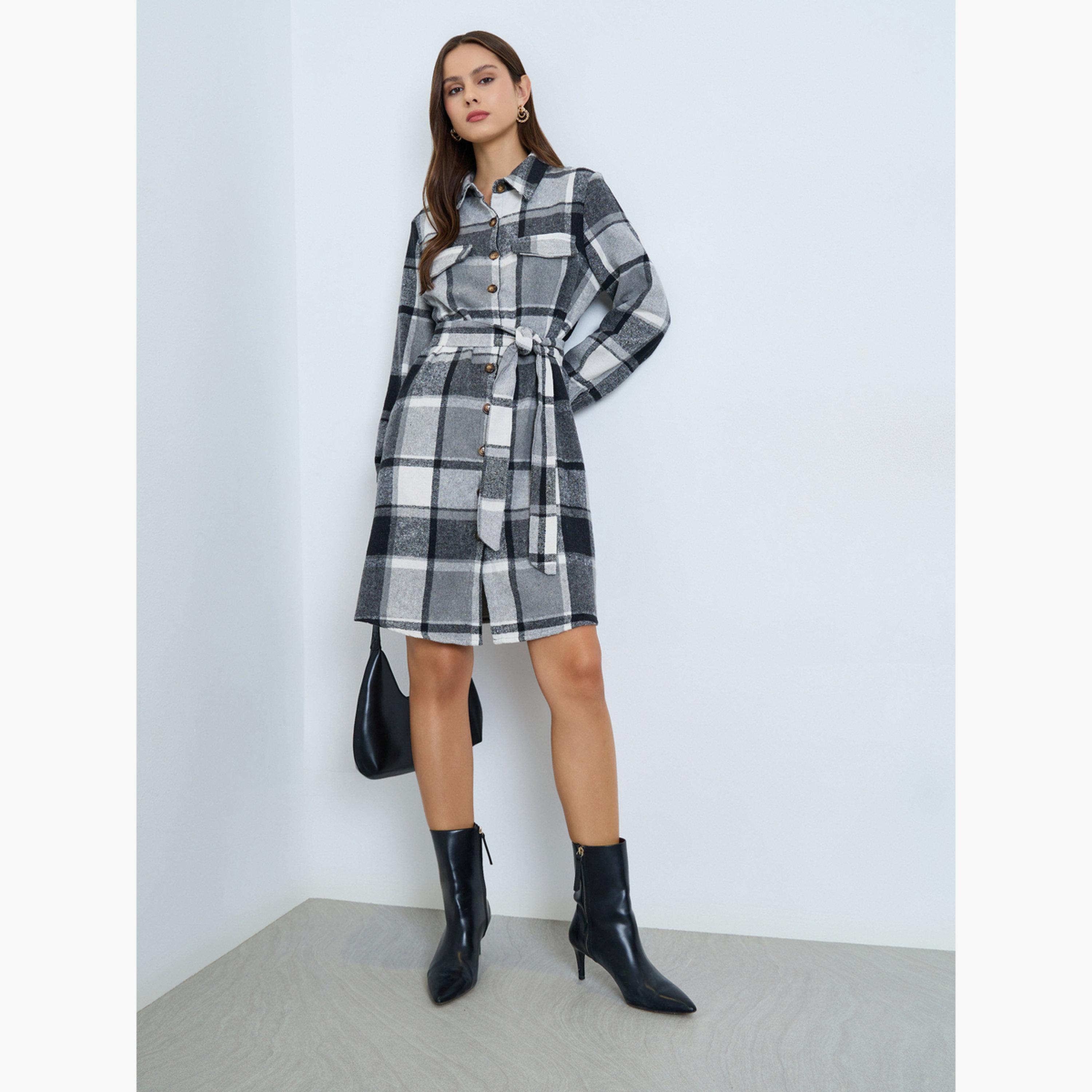 تيك تو - فستان قميص ميني بنقشة مربعات مع حزام-women-clothing-dresses-image-2