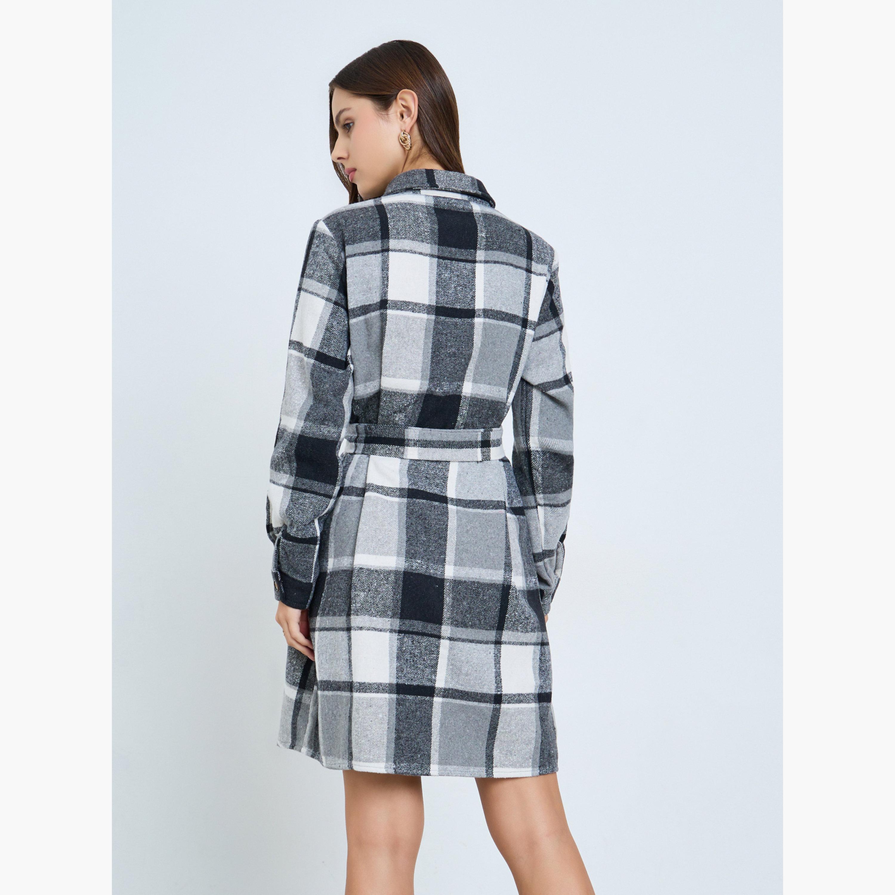 تيك تو - فستان قميص ميني بنقشة مربعات مع حزام-women-clothing-dresses-image-3
