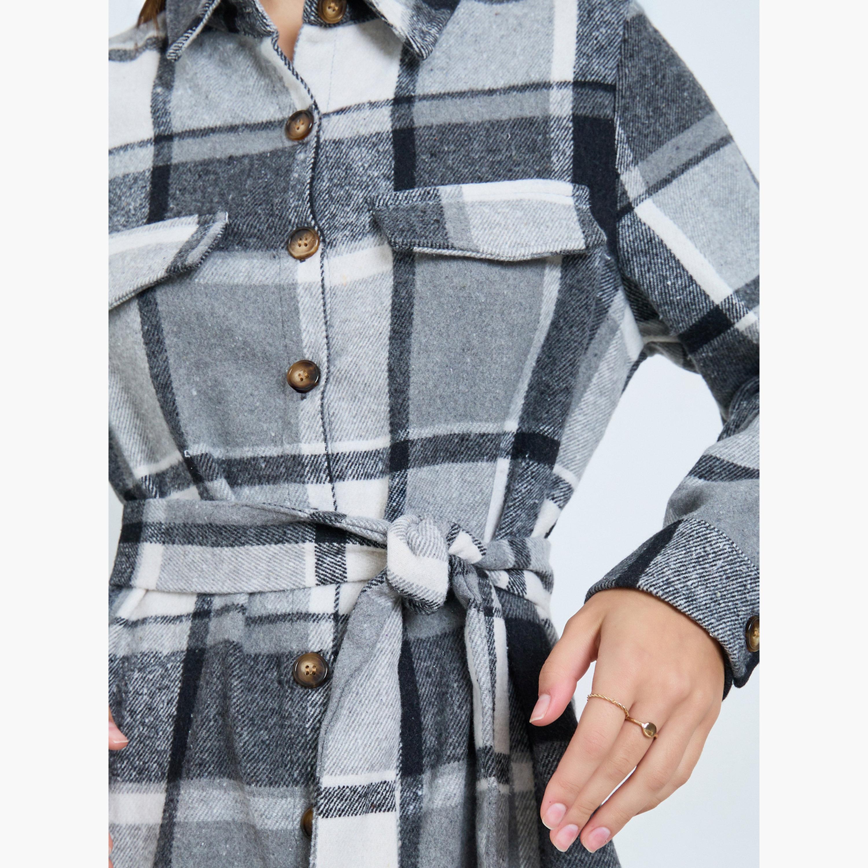 تيك تو - فستان قميص ميني بنقشة مربعات مع حزام-women-clothing-dresses-image-4