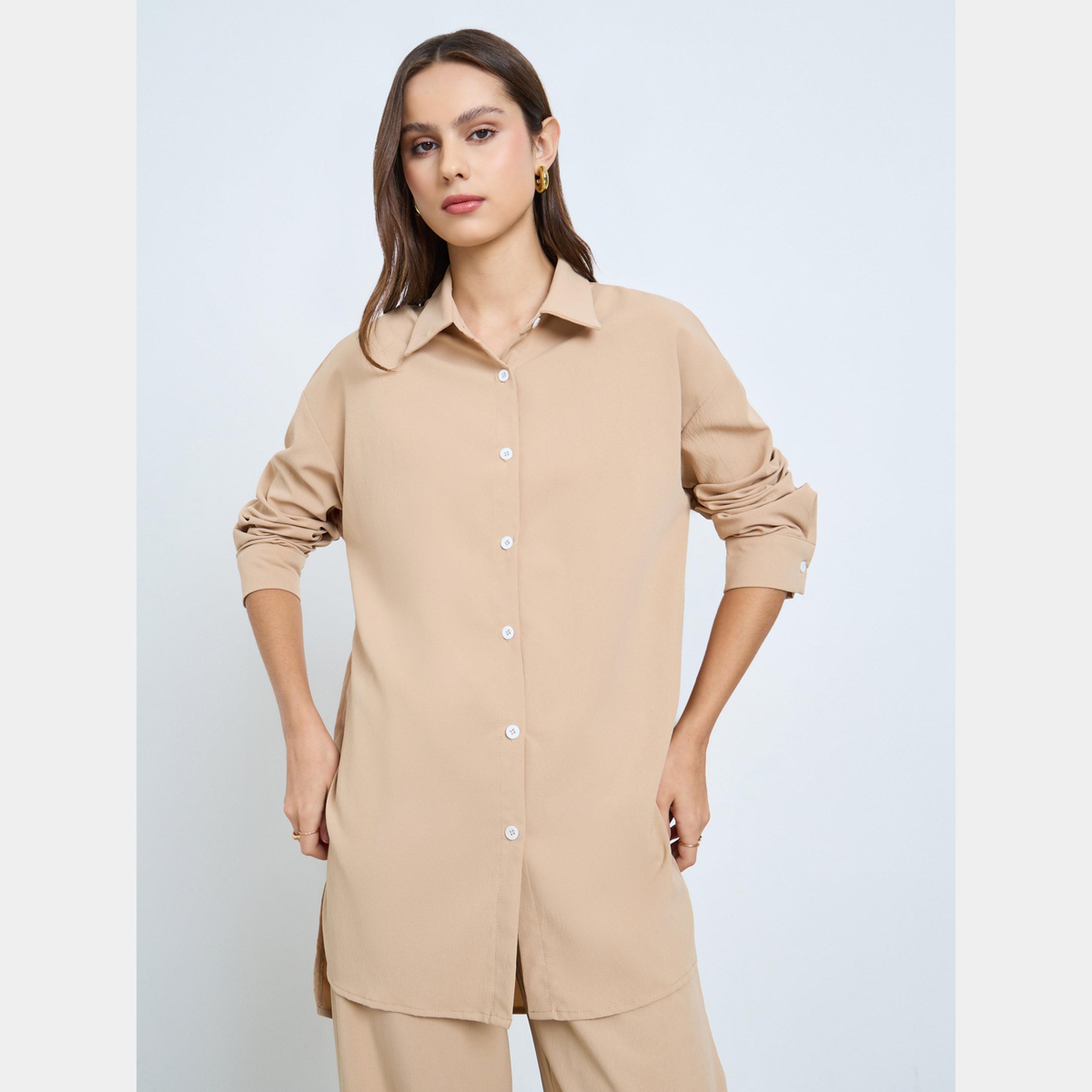 تيك تو - قميص وبنطال طويل لون بيج-women-clothing-coordsets-image-2