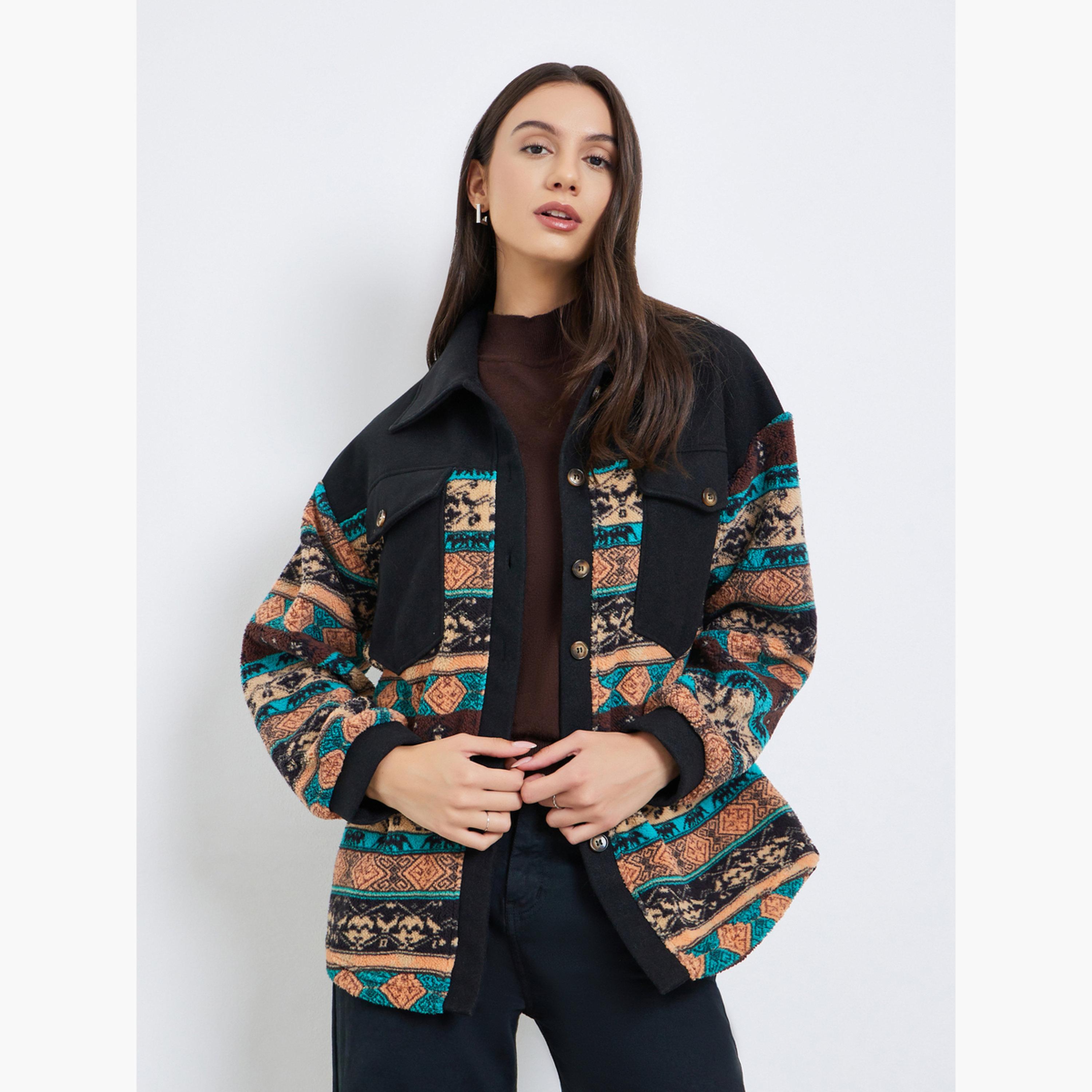 تيك تو - جاكيت بوهو نسائي بأكمام طويلة وياقة وأزرار-women-winterwear-coatsandjackets-jackets-image-1