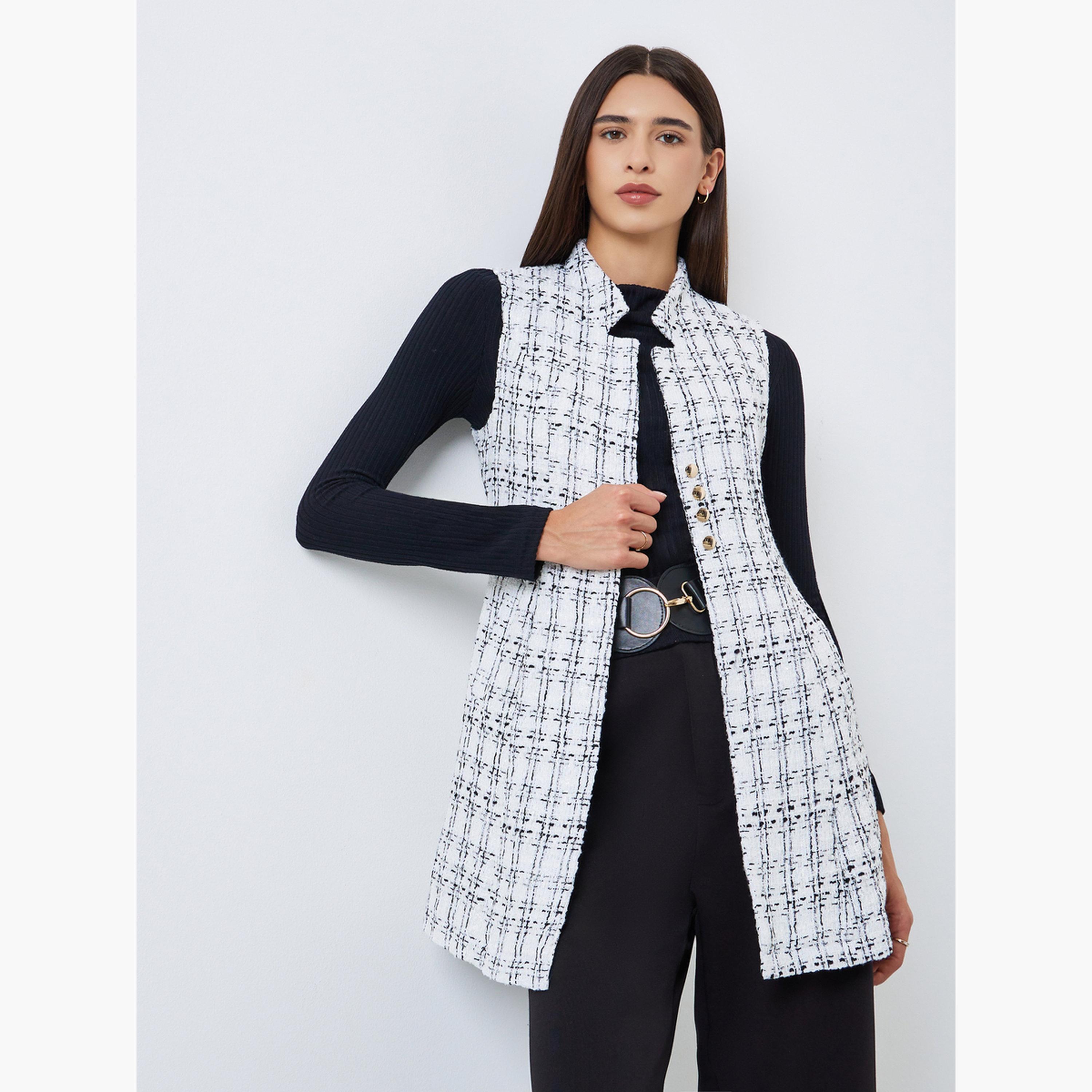 Take Two Checked Tweed Look Collared Sleeveless Women's Buttoned Jacket-women-winterwear-coatsandjackets-jackets-image-1