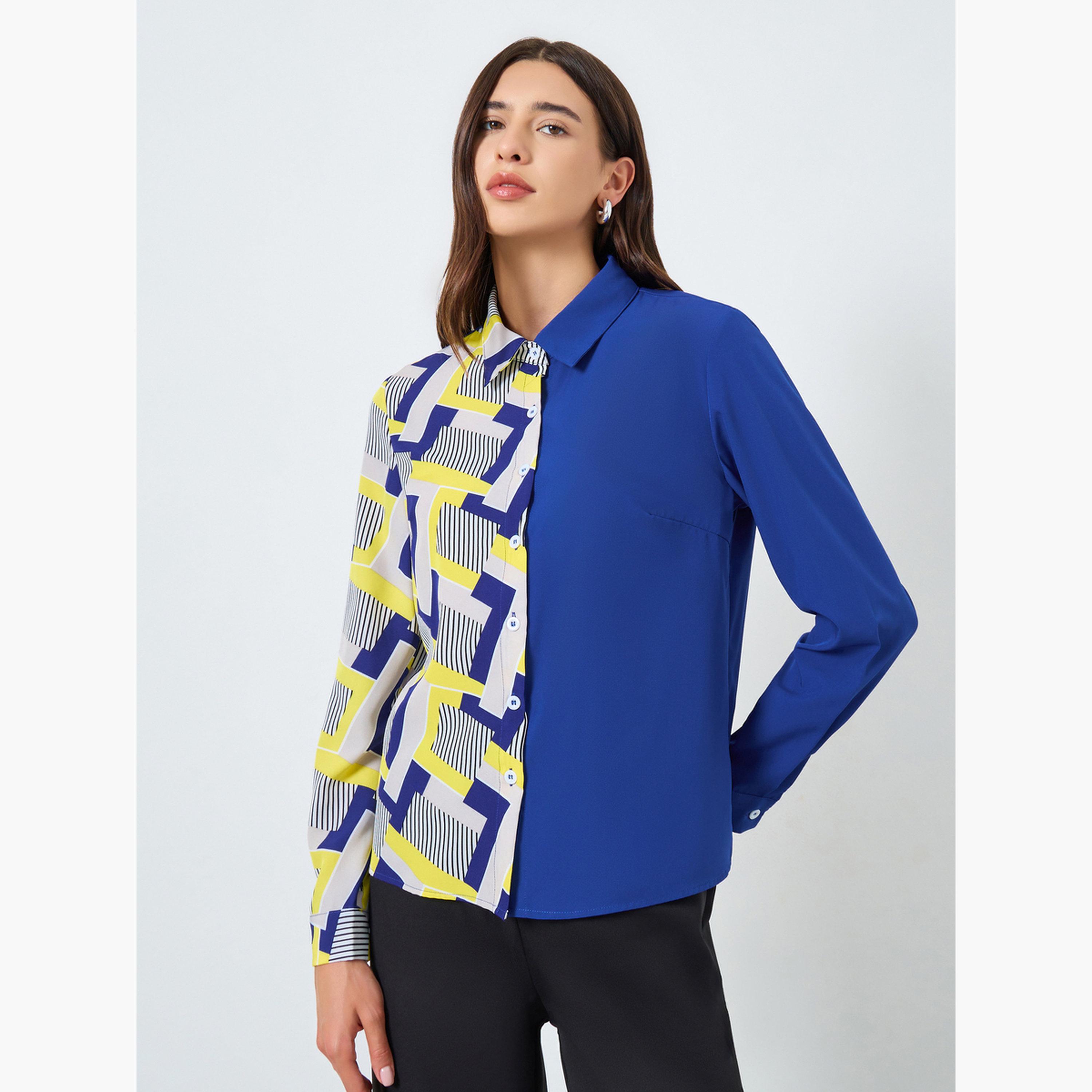 Take Two Blue Color Block Printed Long Sleeve Shirt-women-clothing-shirtsandblouses-shirts-image-1