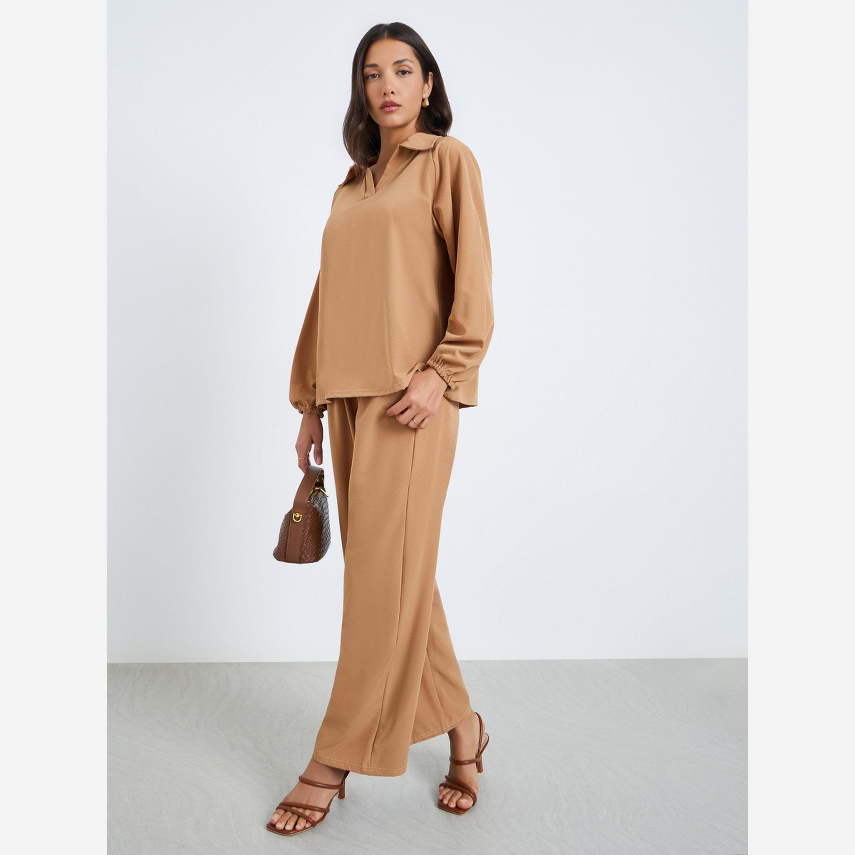 أميرة x ستايلي طقم محتشم من بنطال وبلوزة بياقة قميص وأكمام طويلة-women-arabicclothing-sets-image-1