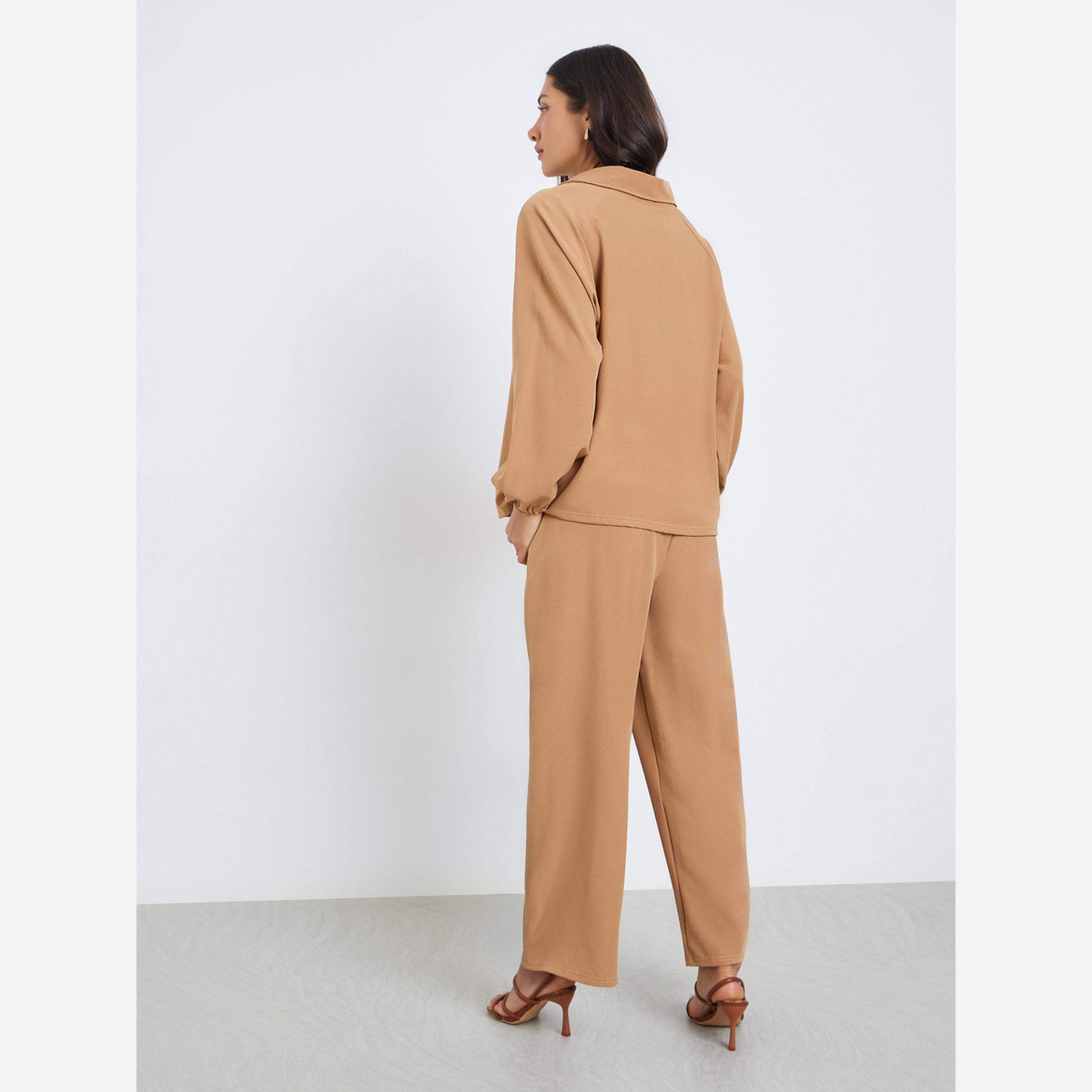 أميرة x ستايلي طقم محتشم من بنطال وبلوزة بياقة قميص وأكمام طويلة-women-arabicclothing-sets-image-5