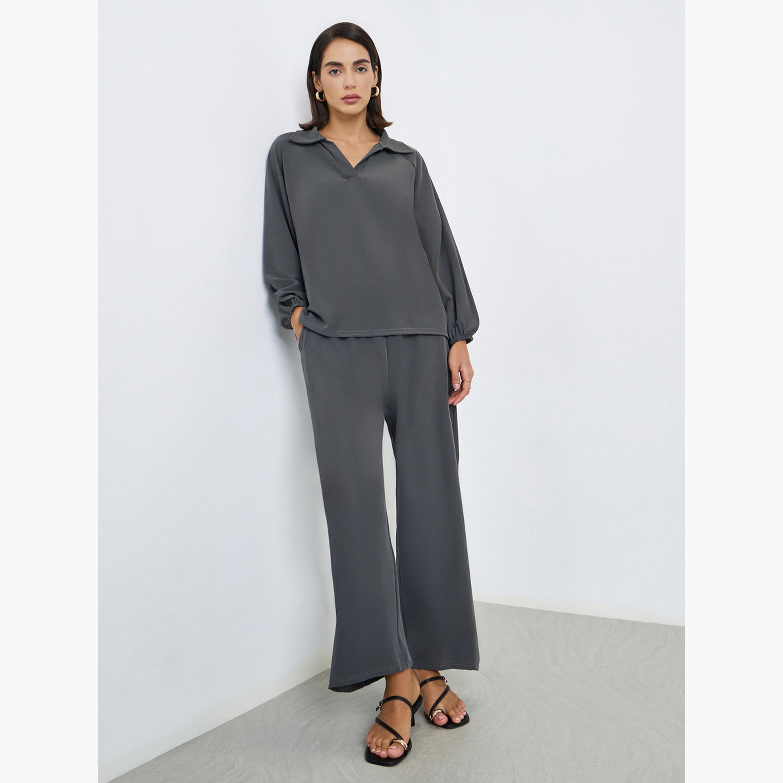 ستايلي - طقم محتشم مكون من بلوزة وبنطال لون رمادي غامق للنساء-women-arabicclothing-sets-image-1
