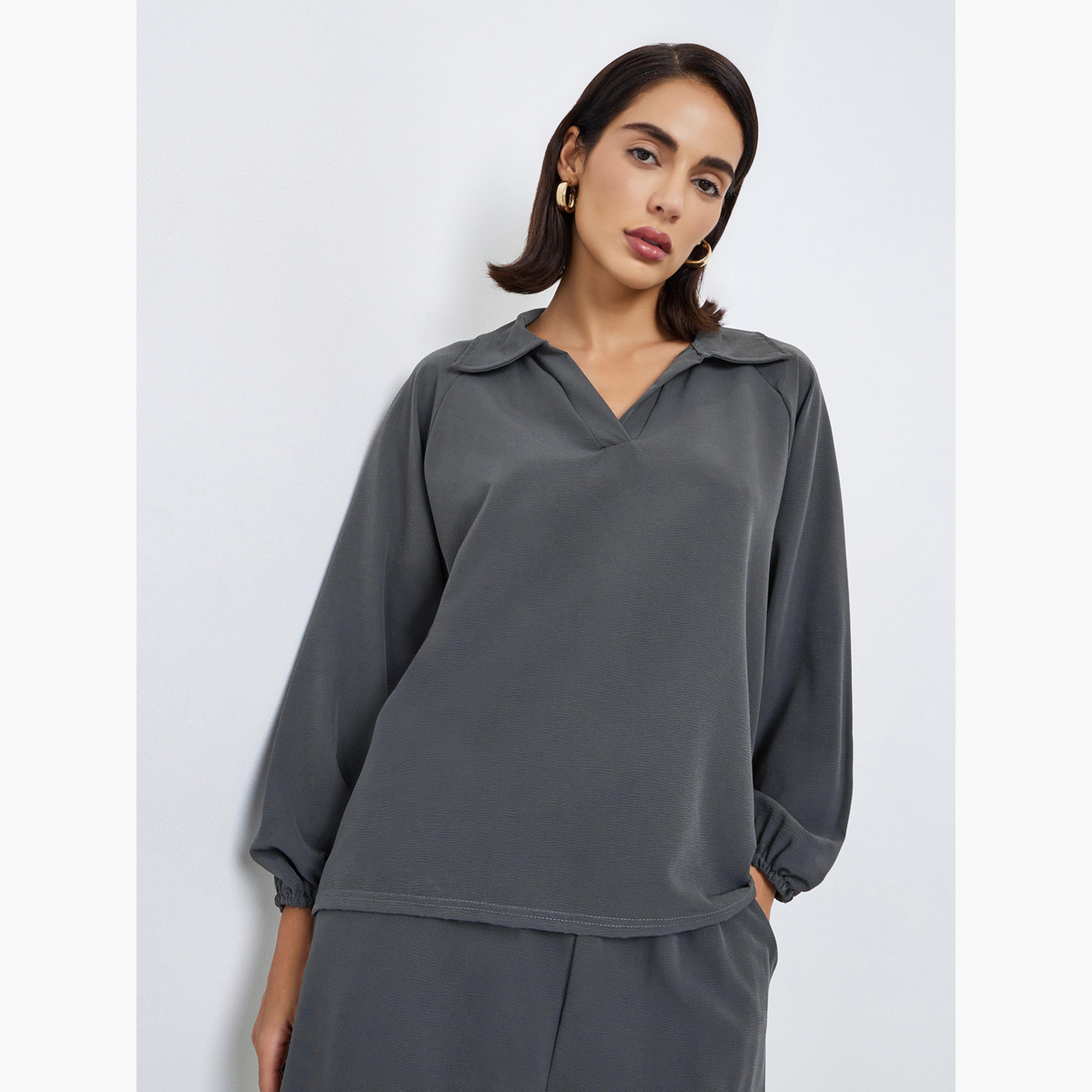 Styli Women Charcoal Shirt Collar Top and Pants Modest Set-women-arabicclothing-sets-image-2