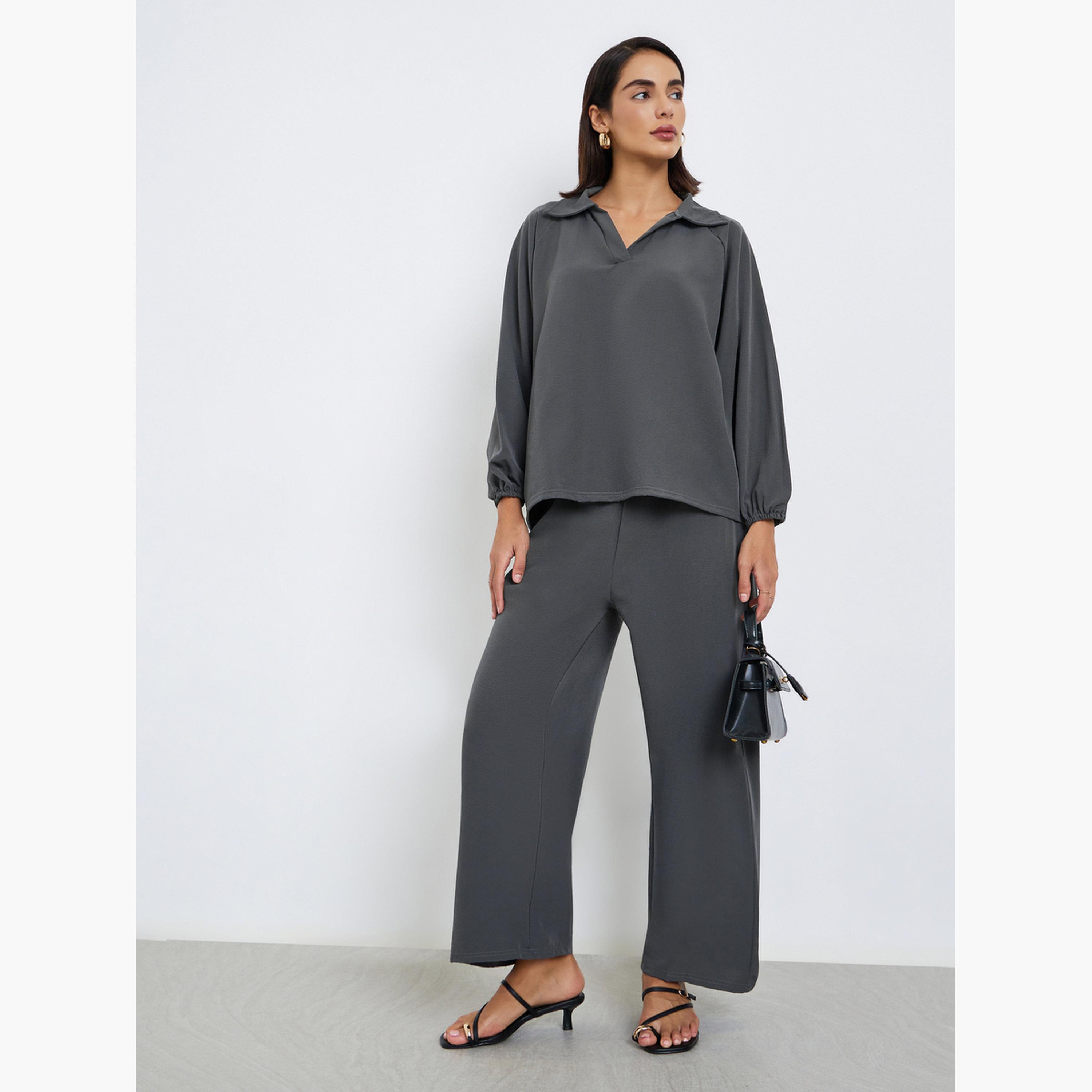 ستايلي - طقم محتشم مكون من بلوزة وبنطال لون رمادي غامق للنساء-women-arabicclothing-sets-image-3