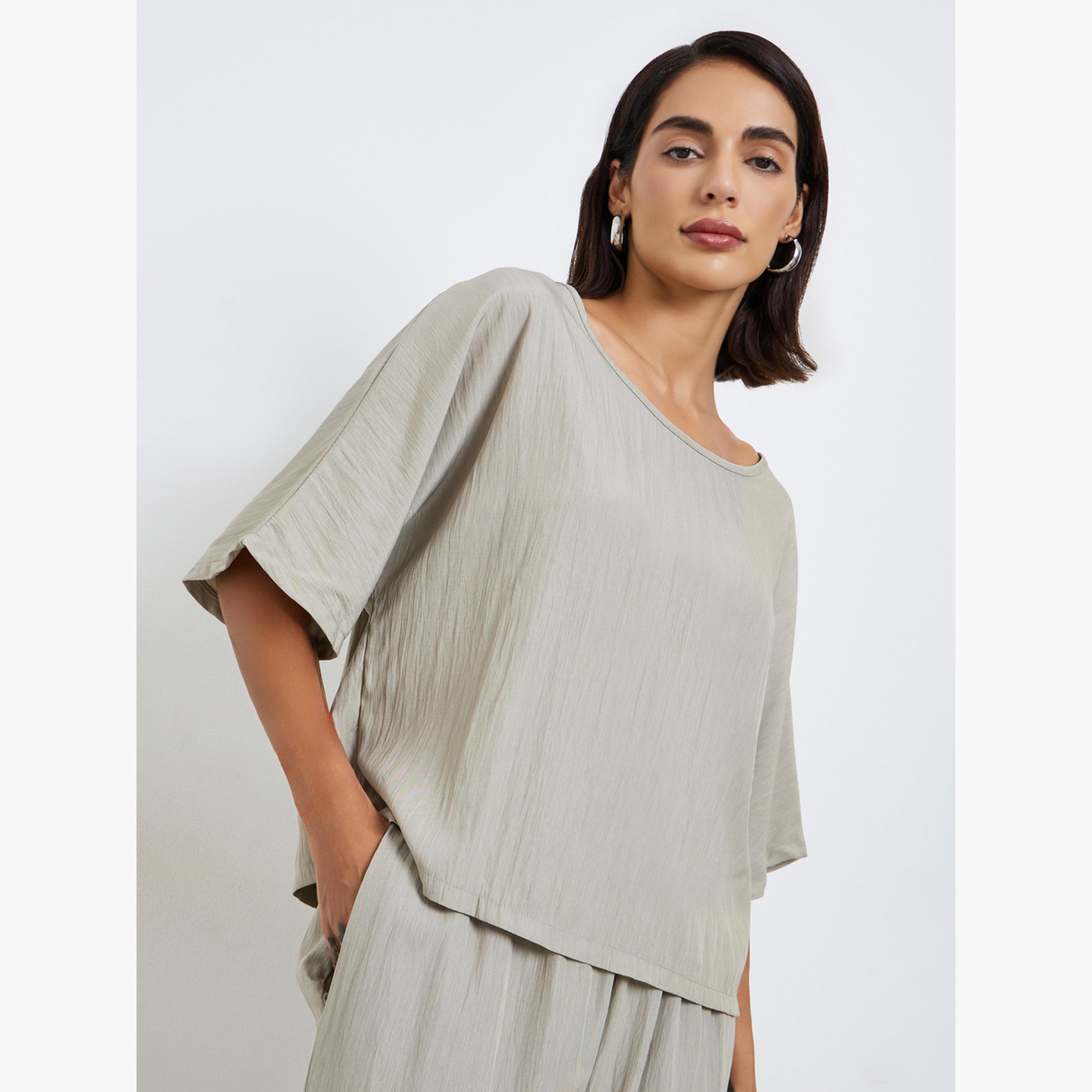 Styli Beige Textured Blouse and Trousers Modest Set-women-arabicclothing-sets-image-2