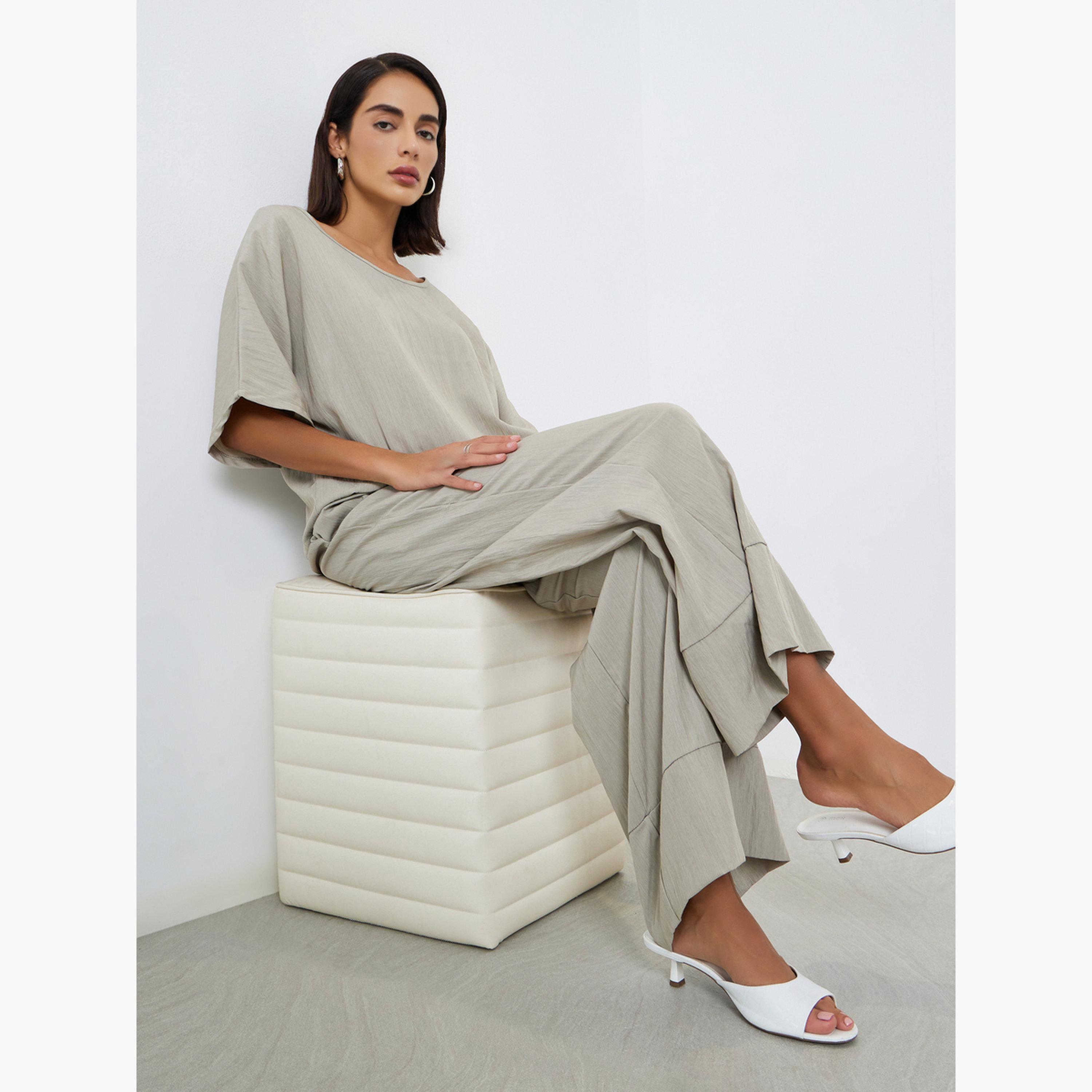 Styli Beige Textured Blouse and Trousers Modest Set-women-arabicclothing-sets-image-3