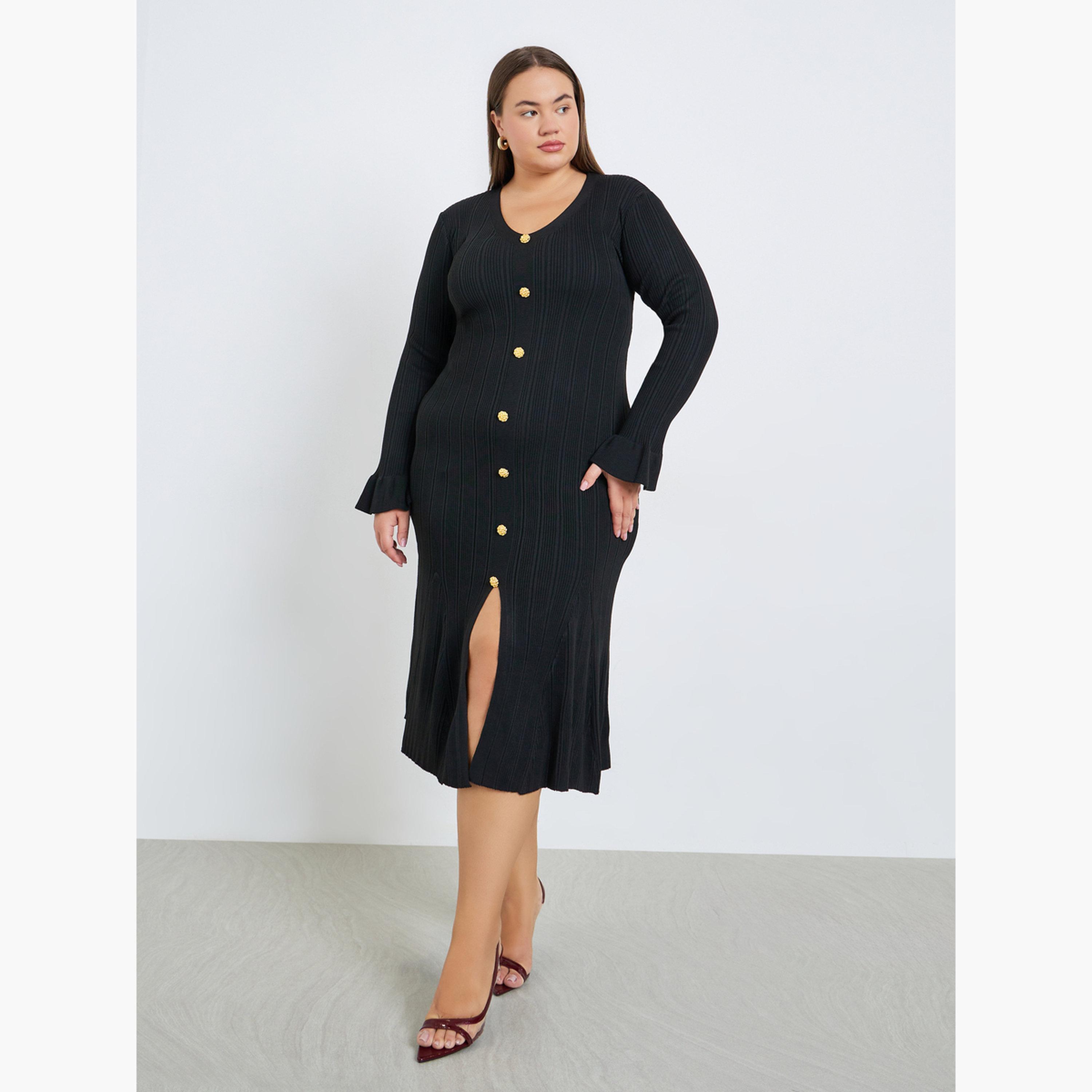 فستان ميدي بمقاس كبير محبوك بتفاصيل أزرار-women-clothing-dresses-image-1