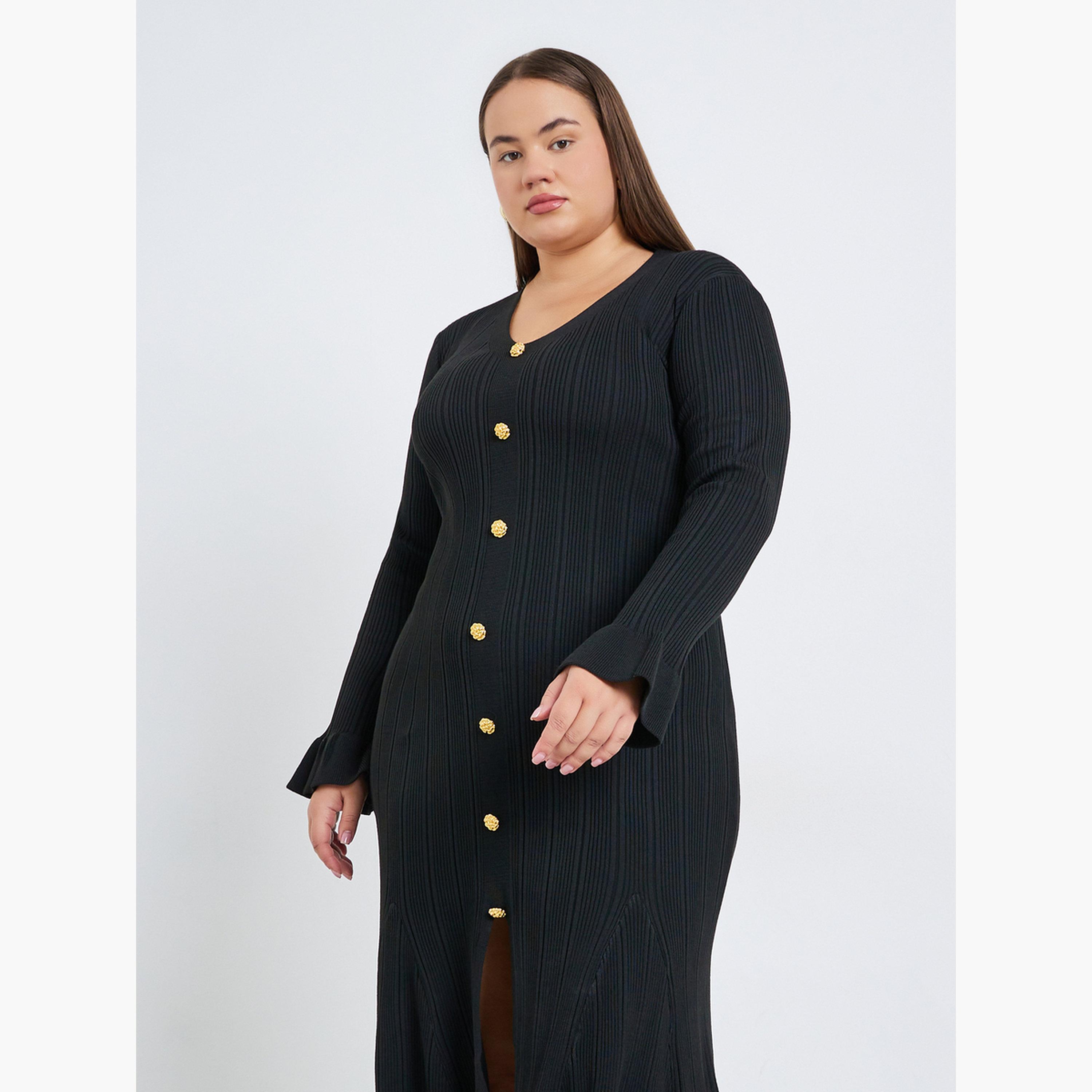 Styli Plus Size Ribbed Knit Button Detail Midi Dress-women-clothing-dresses-image-2