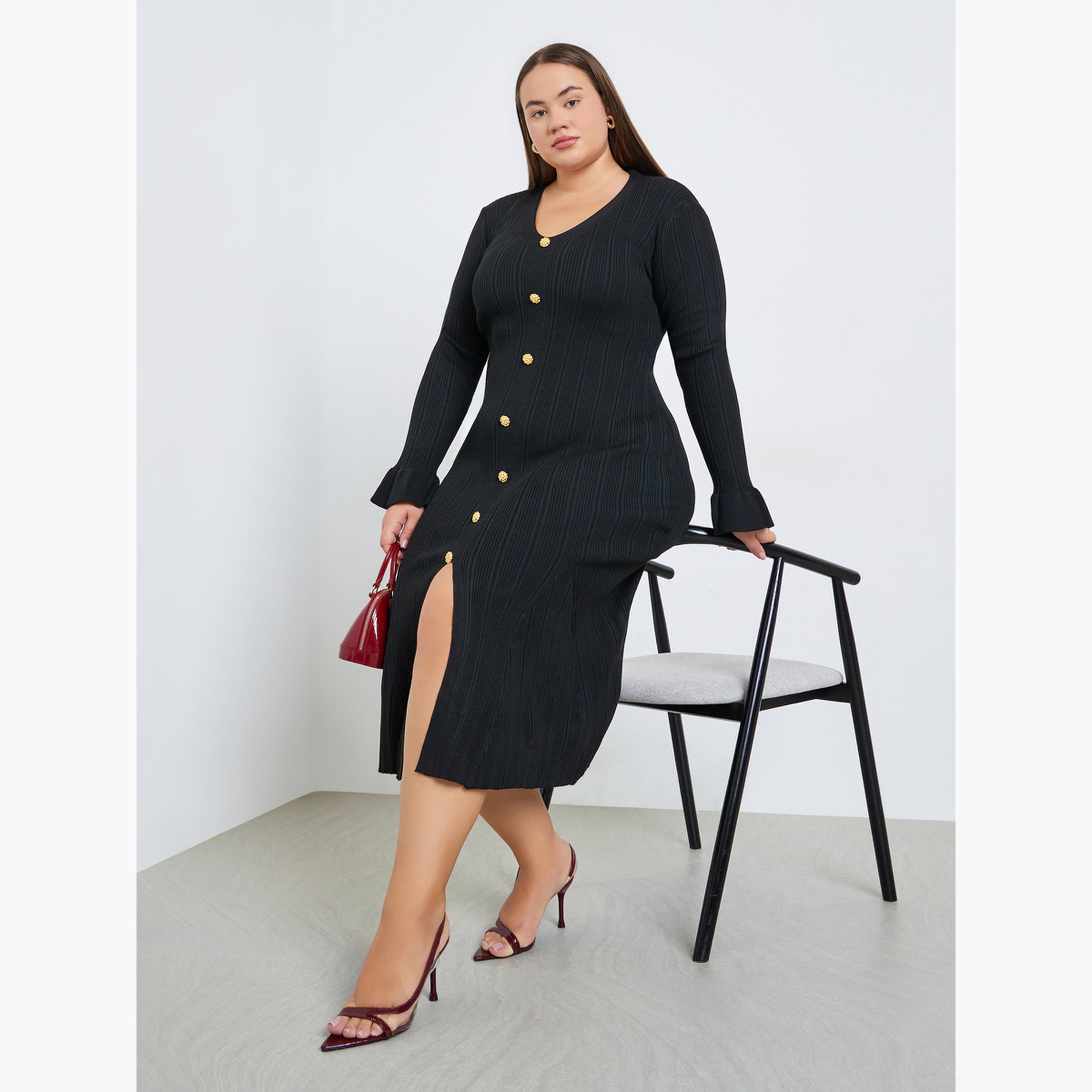 فستان ميدي بمقاس كبير محبوك بتفاصيل أزرار-women-clothing-dresses-image-3