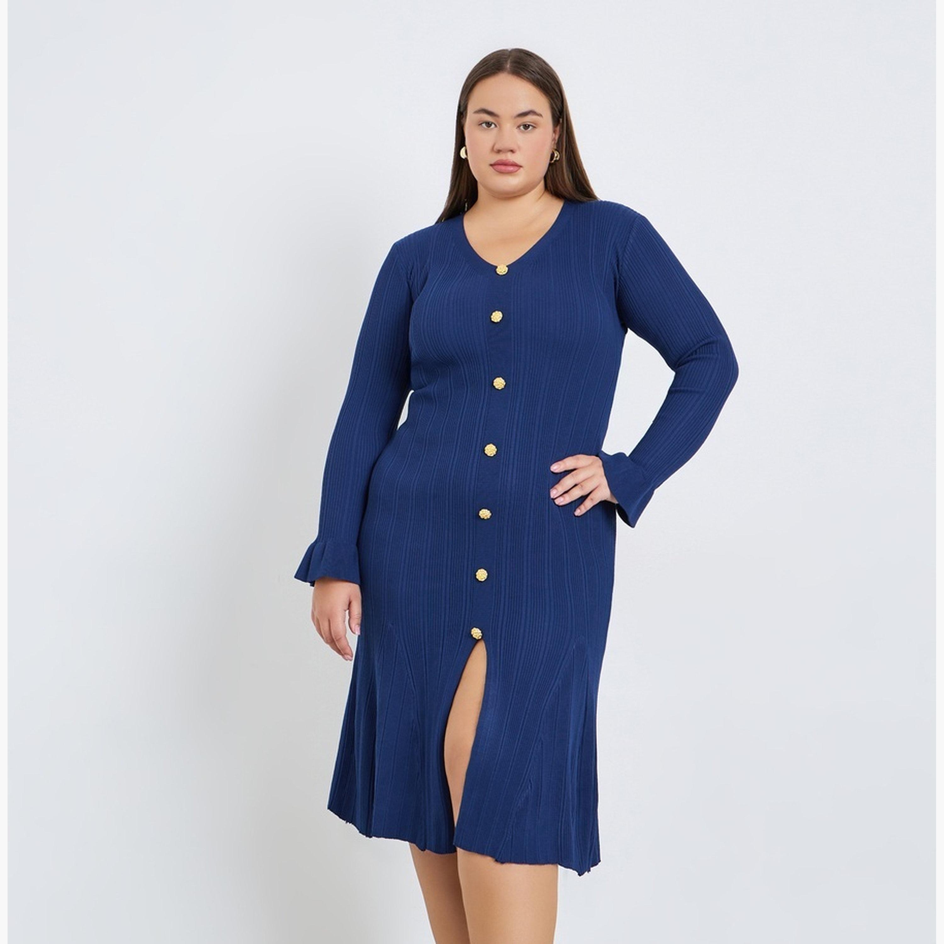 Styli Plus Size Ribbed Knit Button Detail Midi Dress-women-clothing-dresses-image-1