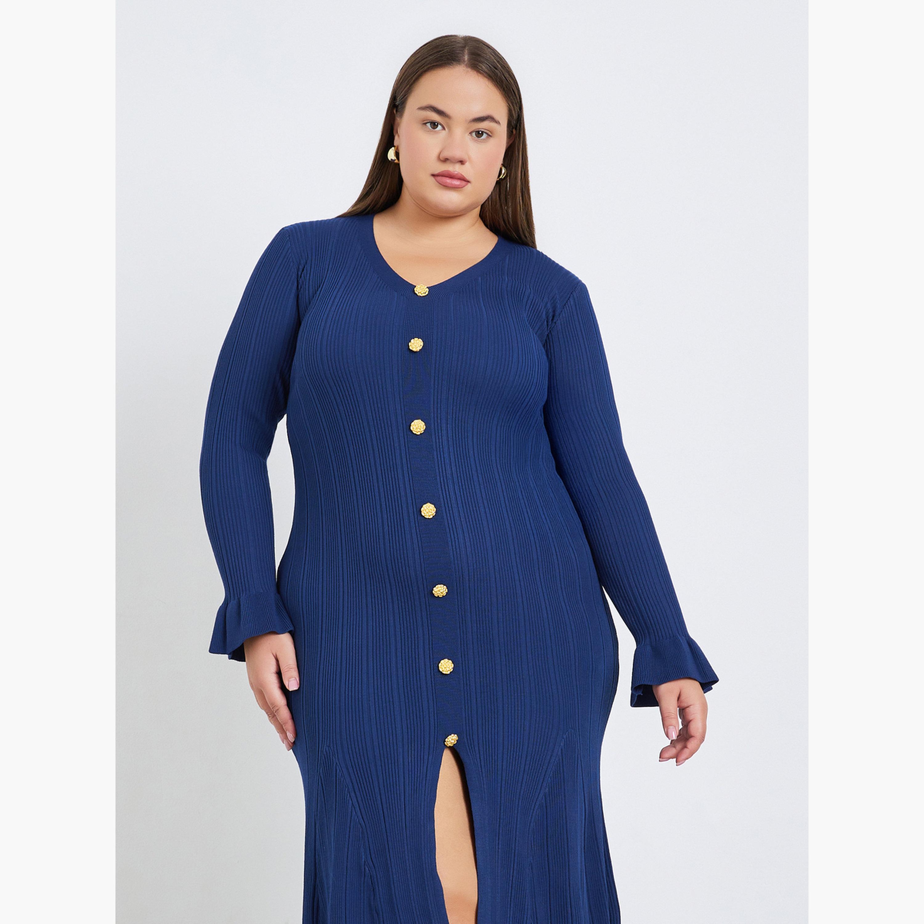 Styli Plus Size Ribbed Knit Button Detail Midi Dress-women-clothing-dresses-image-2