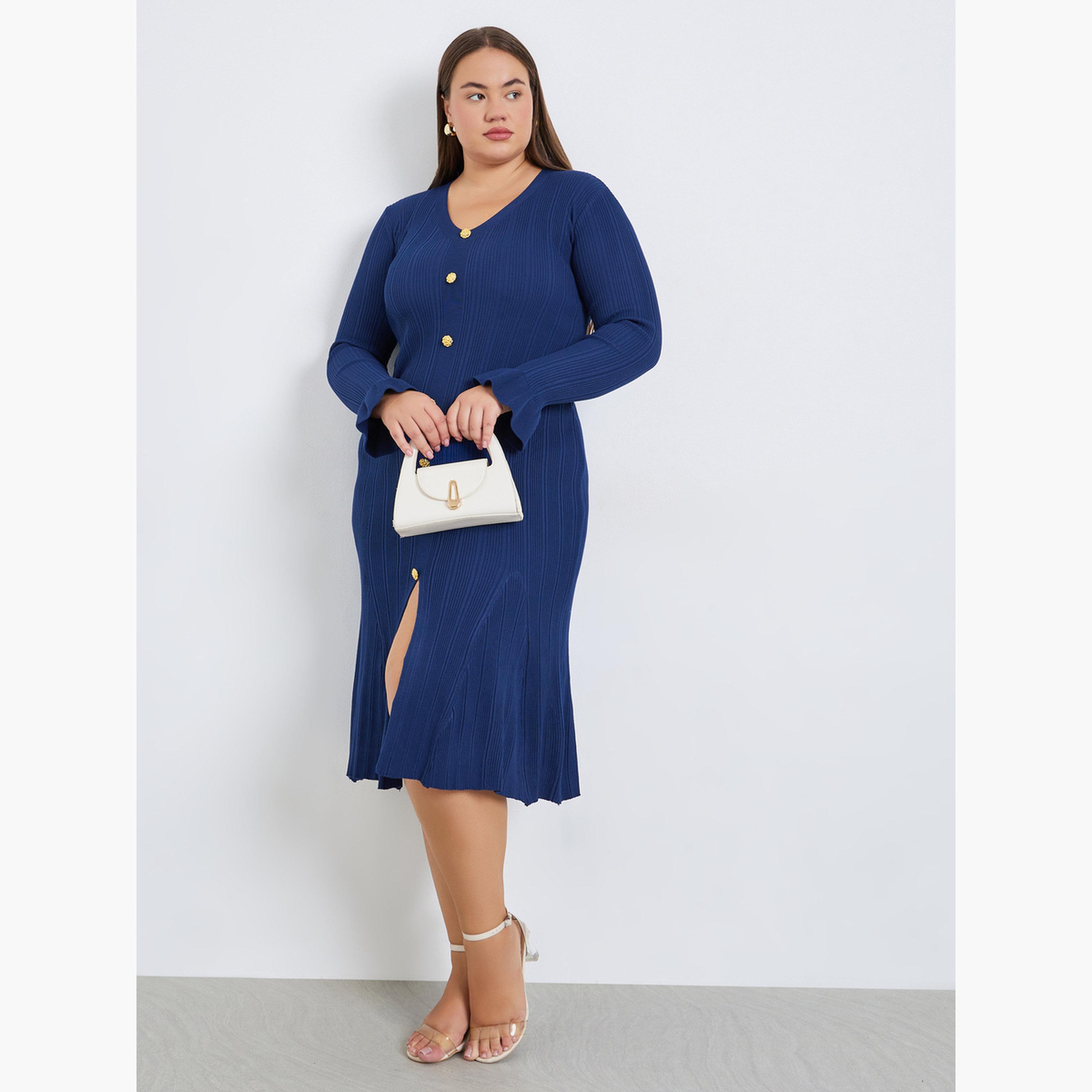 Styli Plus Size Ribbed Knit Button Detail Midi Dress-women-clothing-dresses-image-3