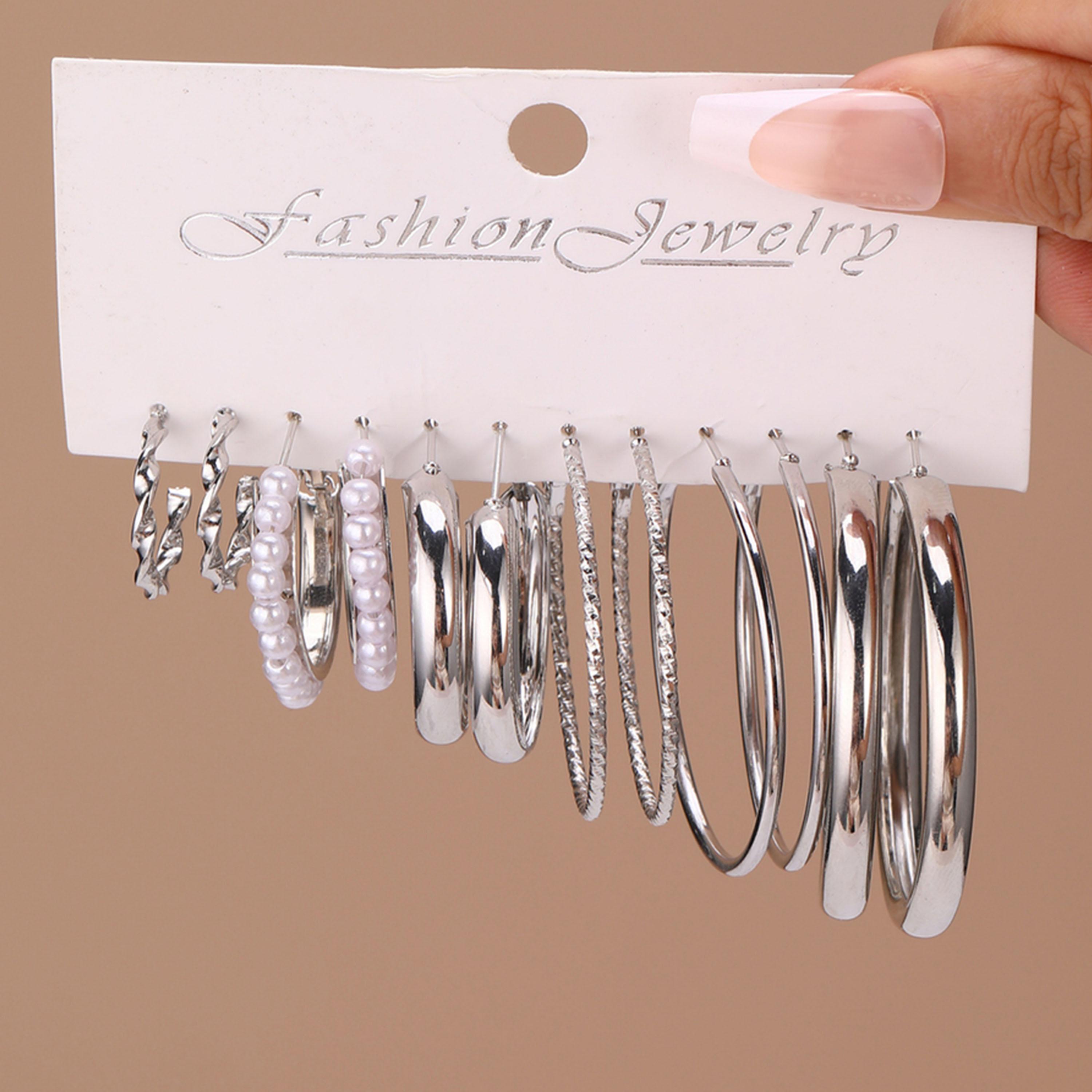 تيك تو - مجموعة من 6 أقراط دائرية فضية-women-watchesandjewellery-jewellery-earrings-image-5