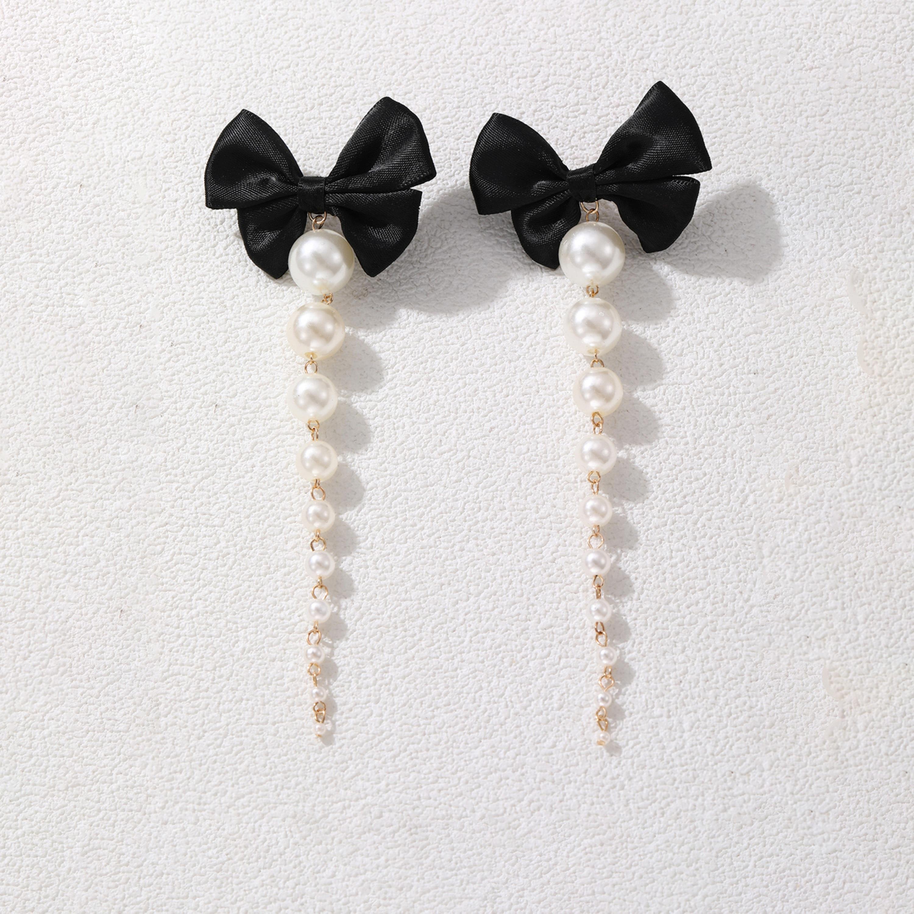 Take Two Bow Faux Pearl Tassel Earrings-women-watchesandjewellery-jewellery-earrings-image-1