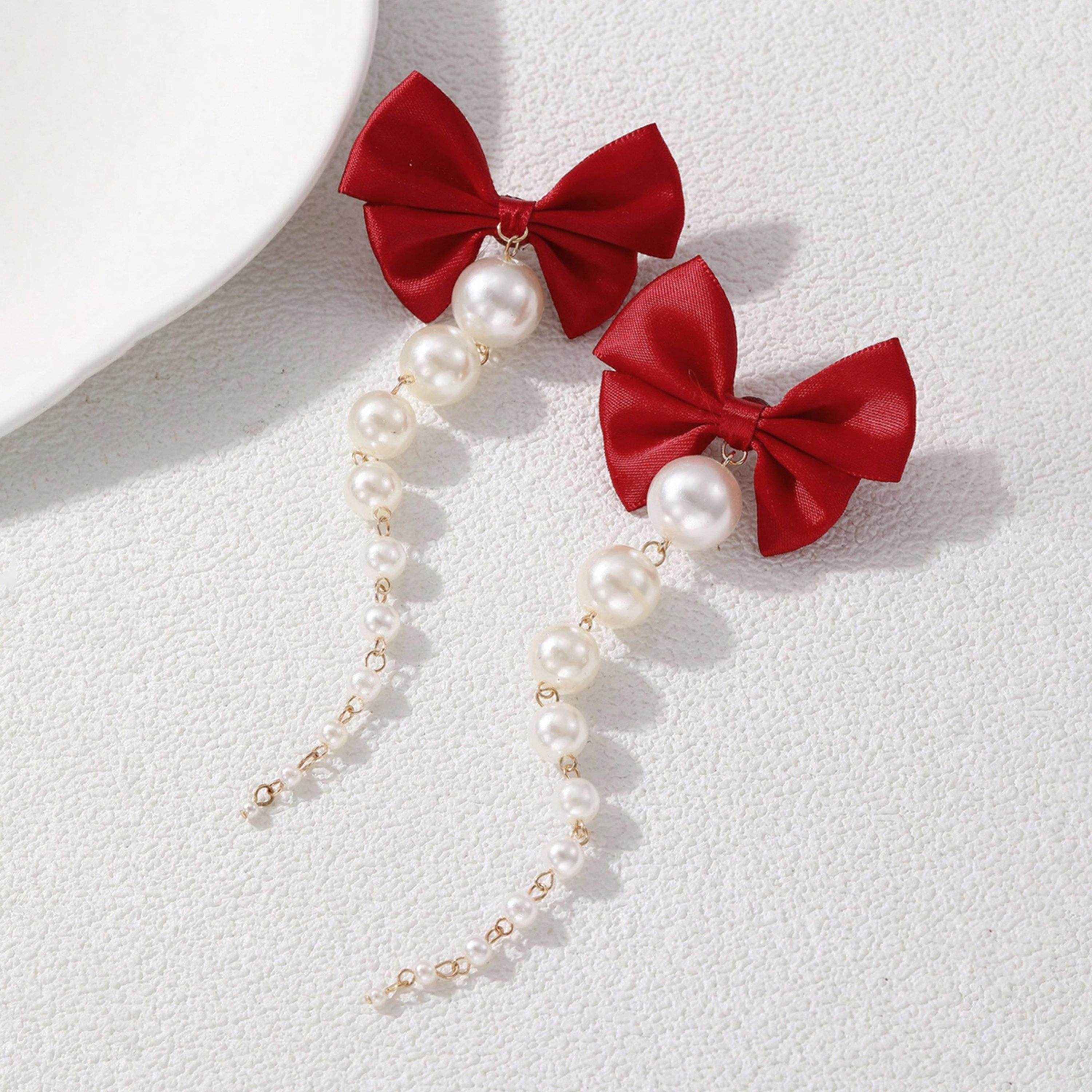 Take Two Bow Faux Pearl Tassel Earrings-women-watchesandjewellery-jewellery-earrings-image-3