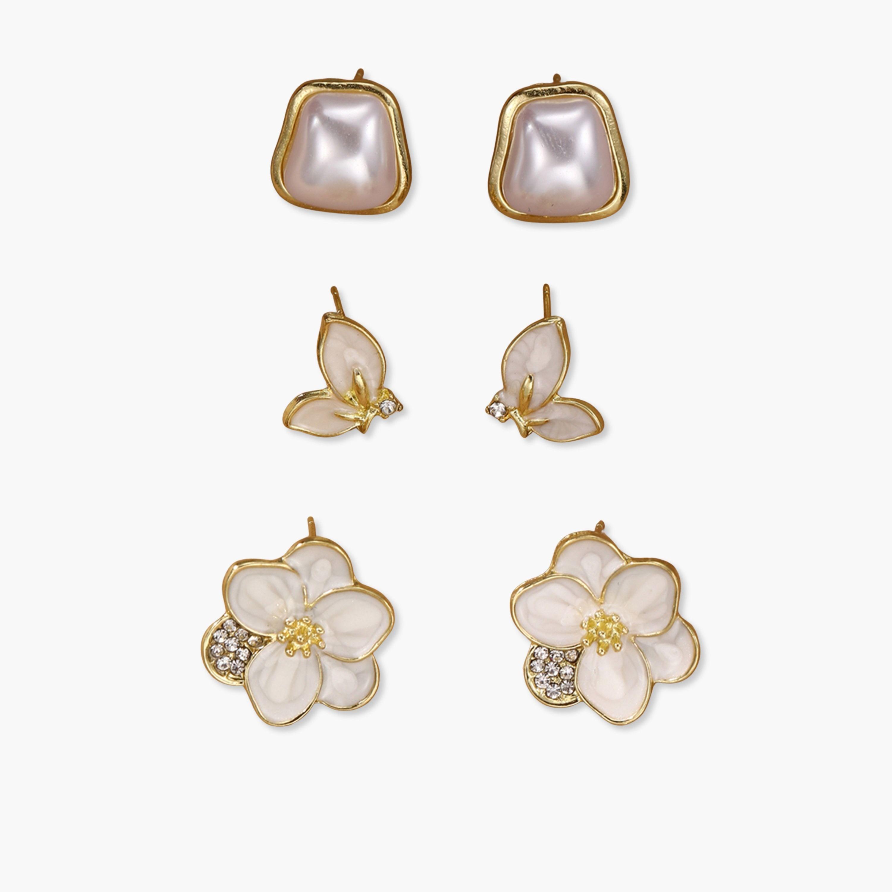 Take Two Set of 3 - Faux Pearl Flower Earrings-women-watchesandjewellery-jewellery-earrings-image-1