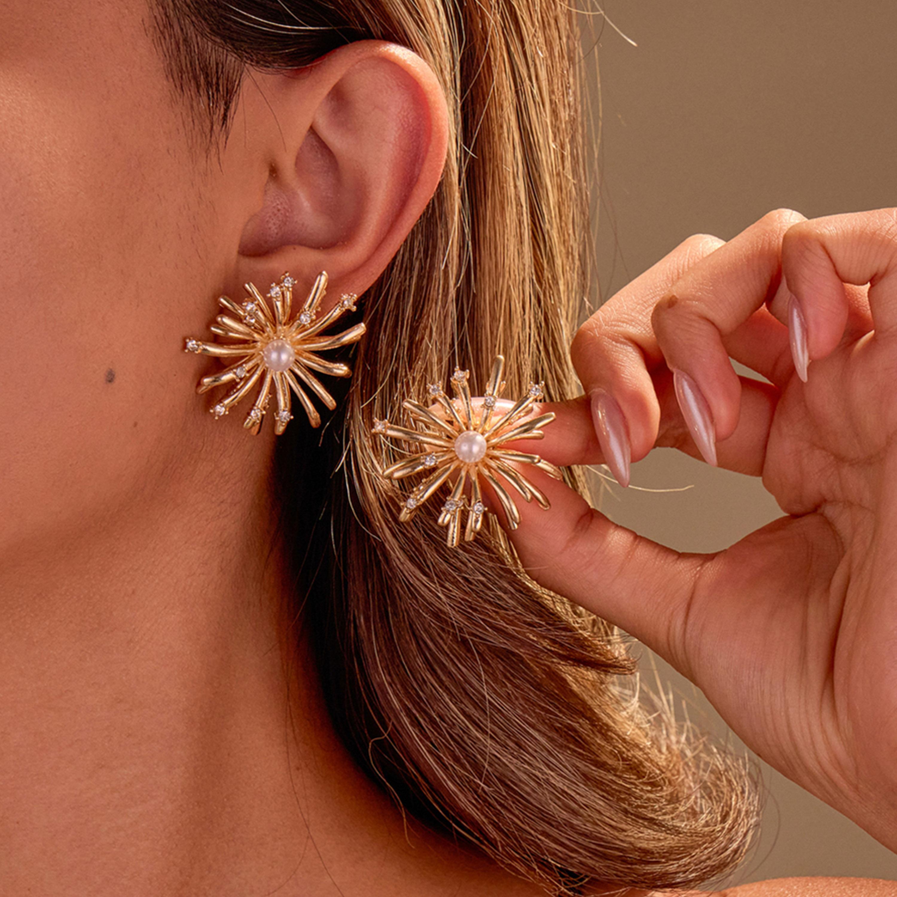Take Two Gold Starburst Stud Earrings with Pearl Accent-women-watchesandjewellery-jewellery-earrings-image-2