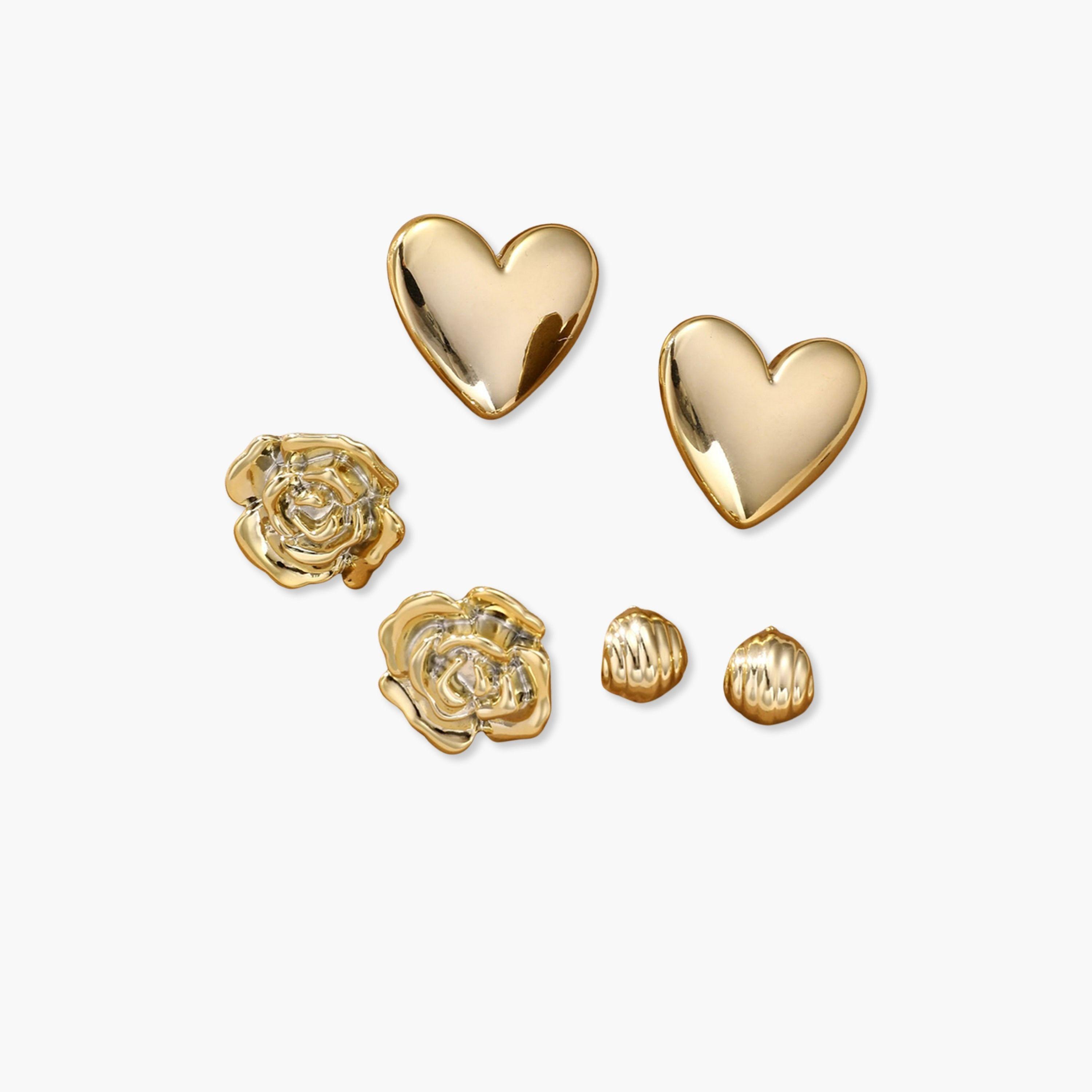 تيك تو - مجموعة من 3 أقراط ذهبية على شكل زهرة على شكل قلب-women-watchesandjewellery-jewellery-earrings-image-1