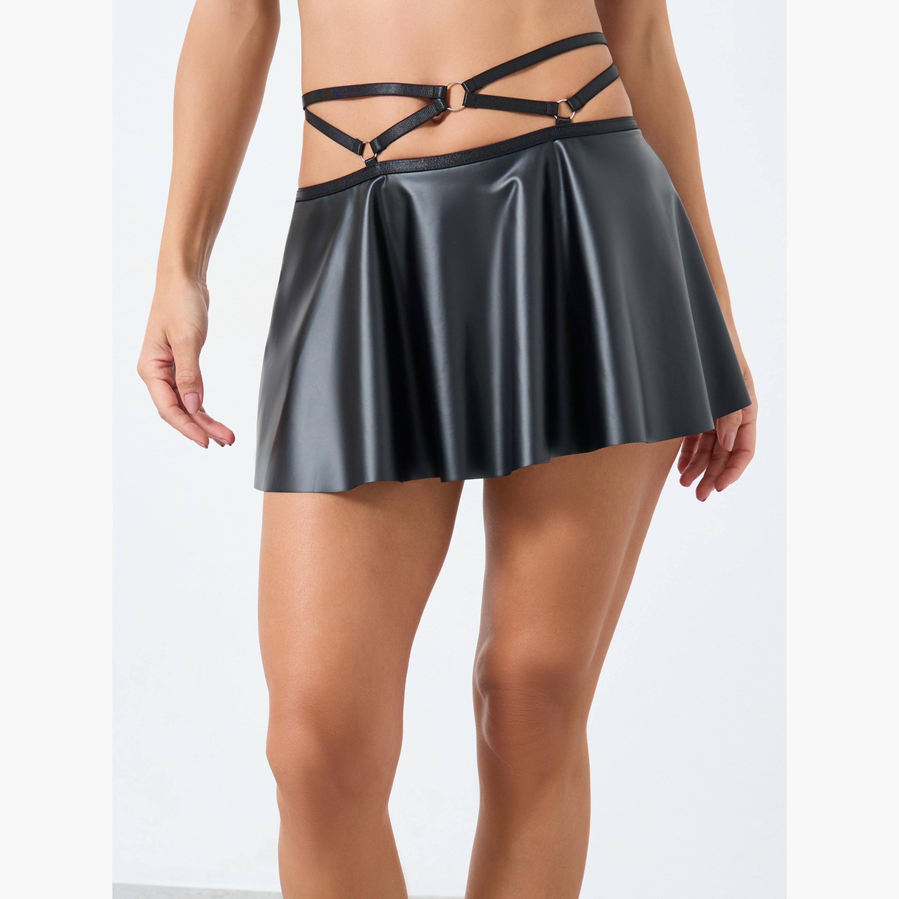 Take Two Solid PU Wired Lace Up Bralette, Brief and Skirt Set-women-clothing-lingerie-lingeriesets-image-4