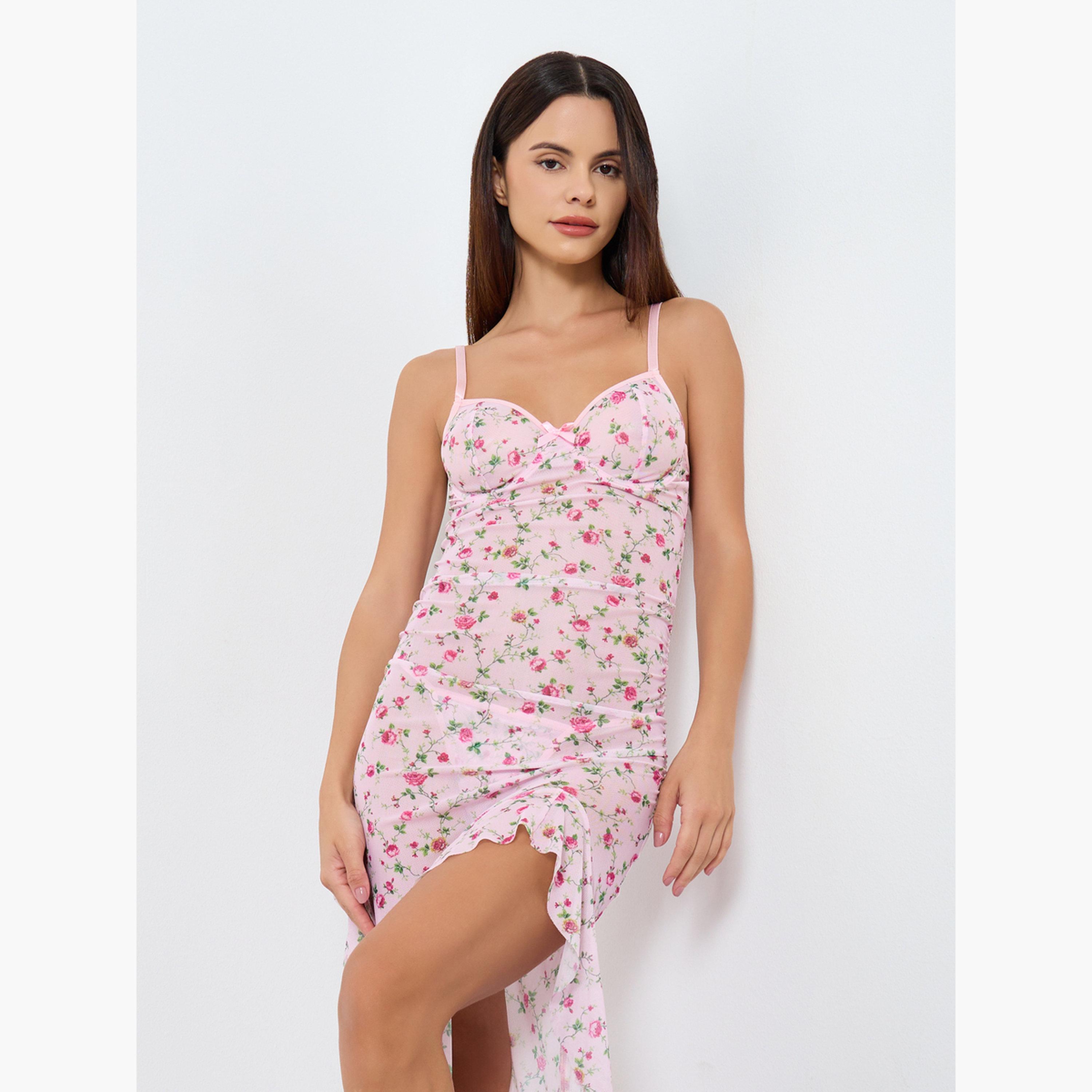 Take Two Floral Printed Wired Bra Ruffle Hem Detail Mesh Split Cami Dress with Thong Set-women-clothing-lingerie-babydollsandbodysuits-image-2