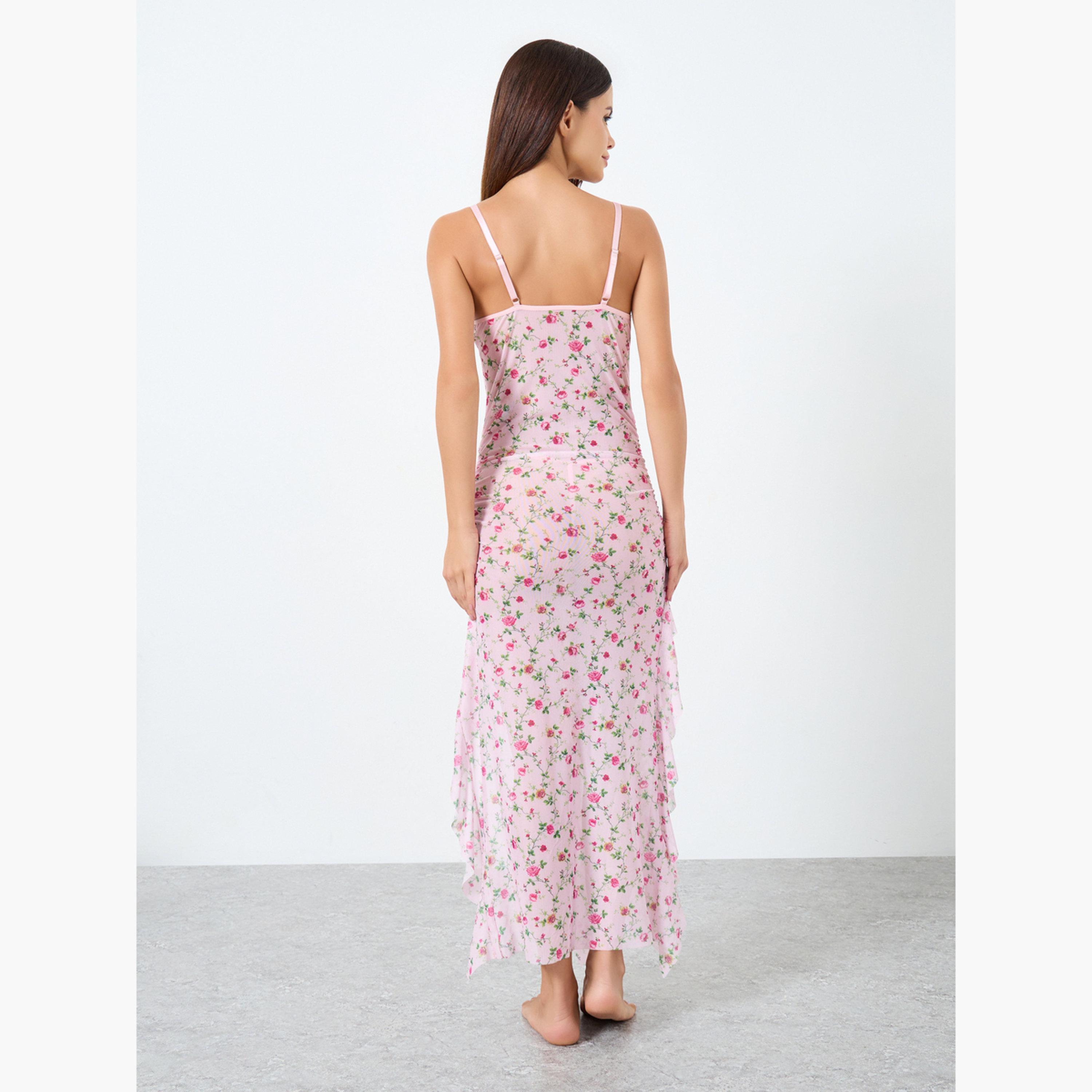 Take Two Floral Printed Wired Bra Ruffle Hem Detail Mesh Split Cami Dress with Thong Set-women-clothing-lingerie-babydollsandbodysuits-image-3