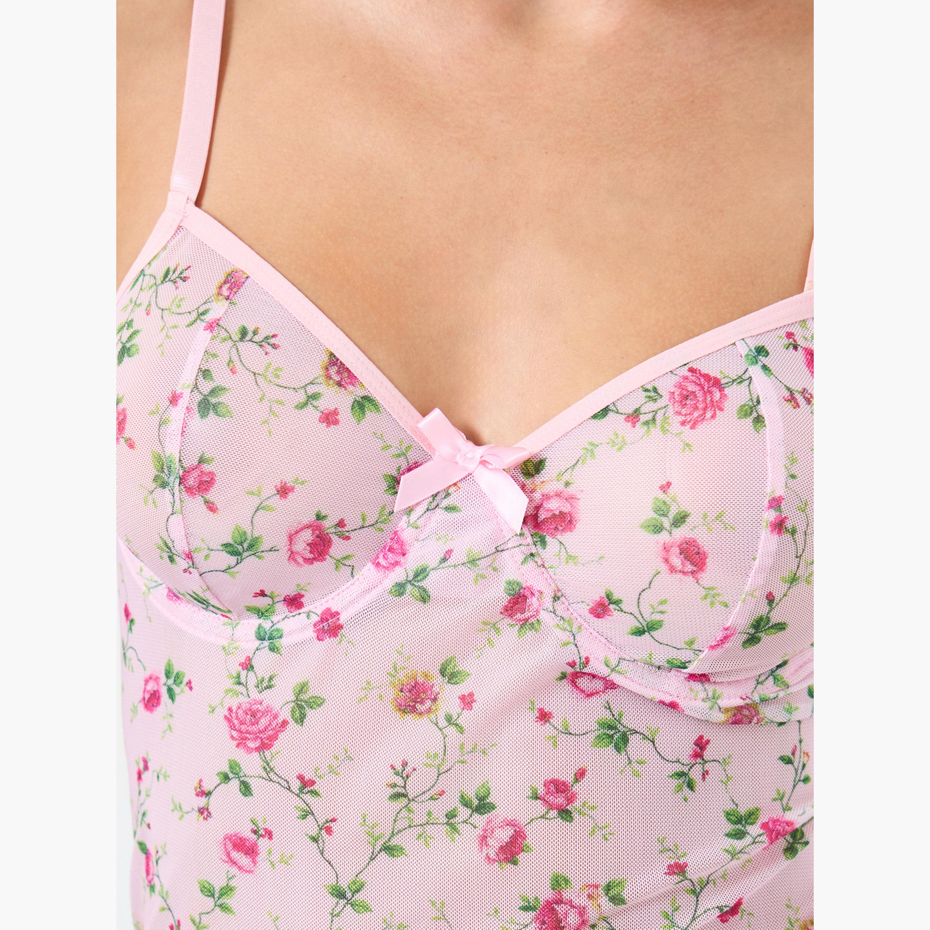 Take Two Floral Printed Wired Bra Ruffle Hem Detail Mesh Split Cami Dress with Thong Set-women-clothing-lingerie-babydollsandbodysuits-image-5