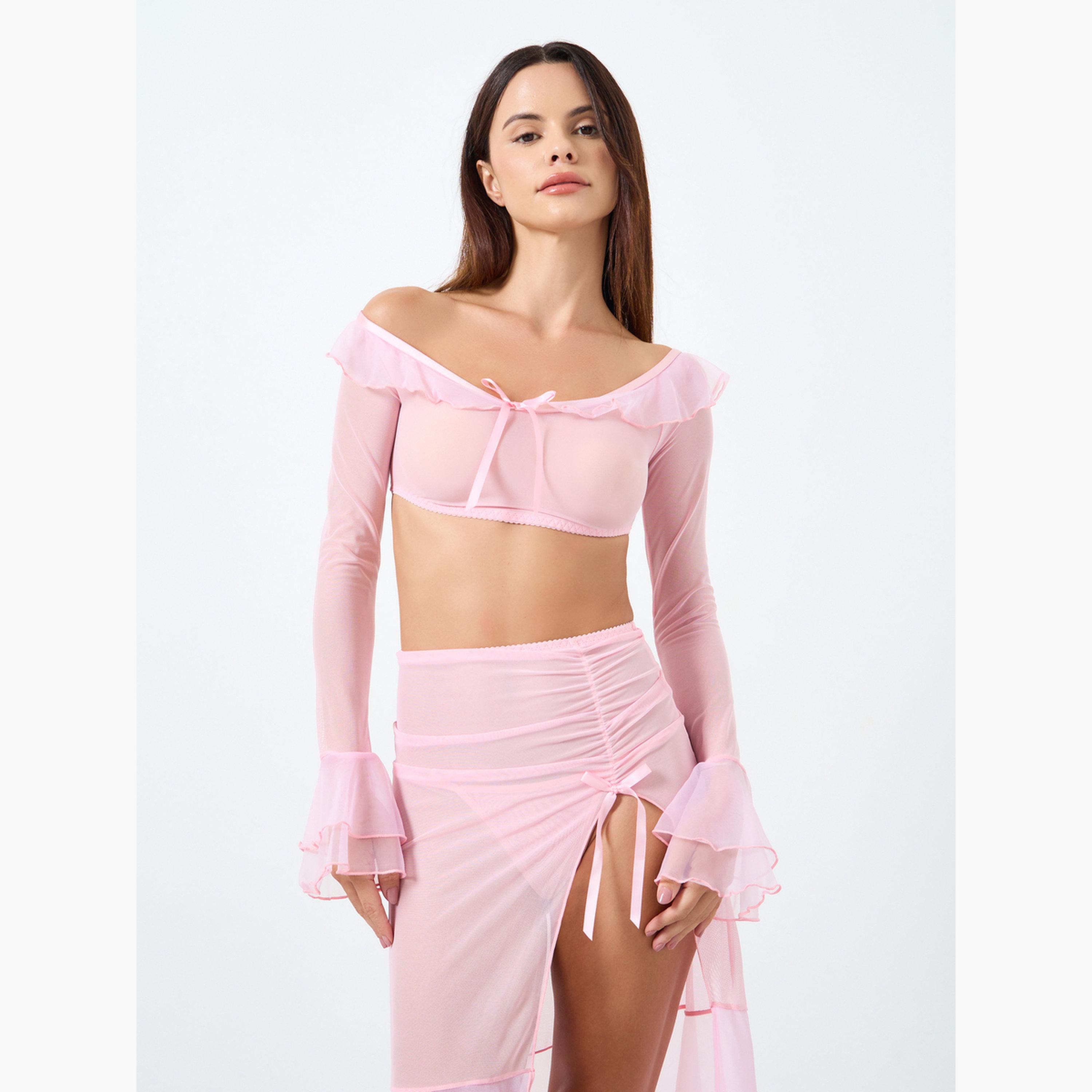 Take Two Solid Bow Front Ruffled Mesh Detail Top, Skirt and Brief Set-women-clothing-lingerie-lingeriesets-image-2
