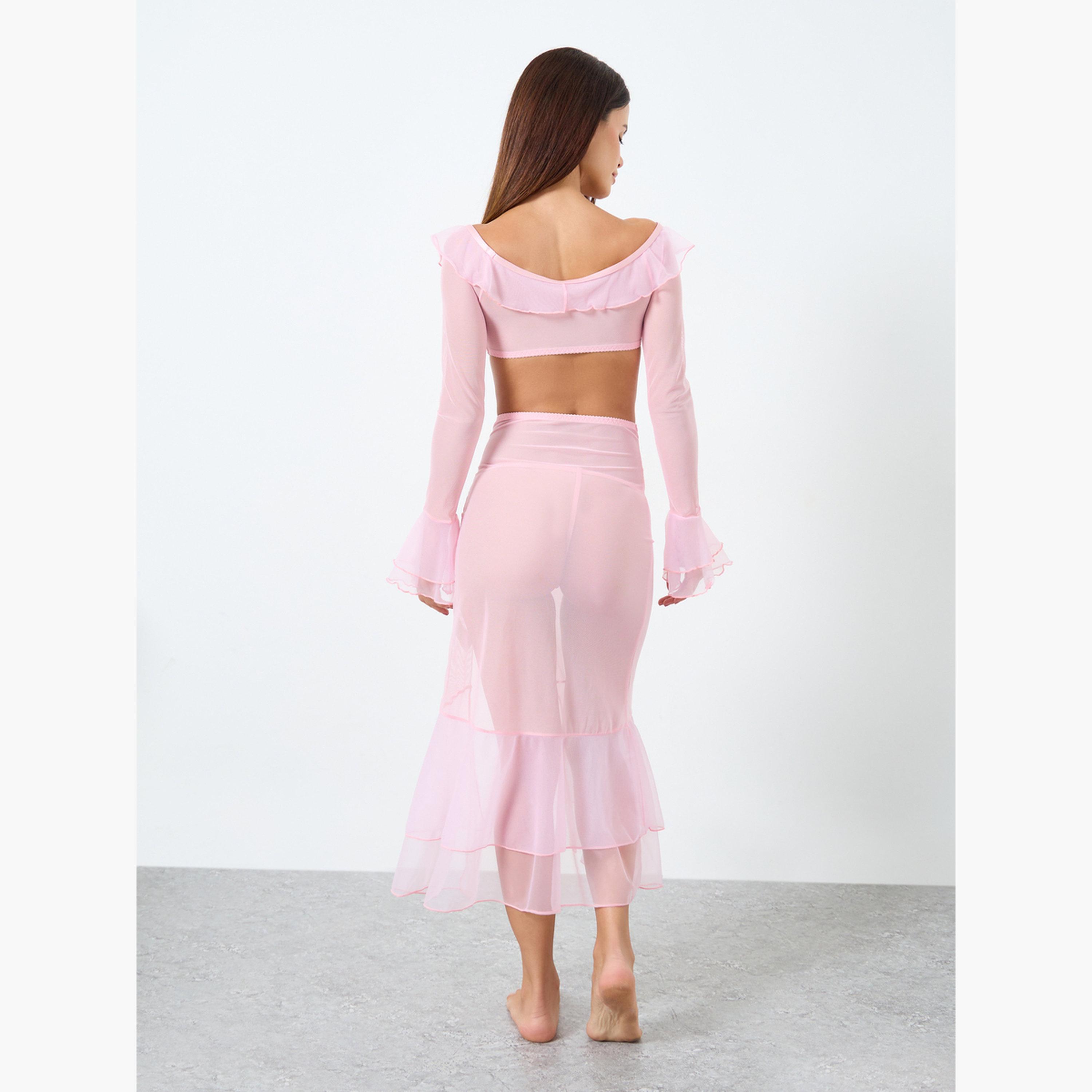 Take Two Solid Bow Front Ruffled Mesh Detail Top, Skirt and Brief Set-women-clothing-lingerie-lingeriesets-image-3
