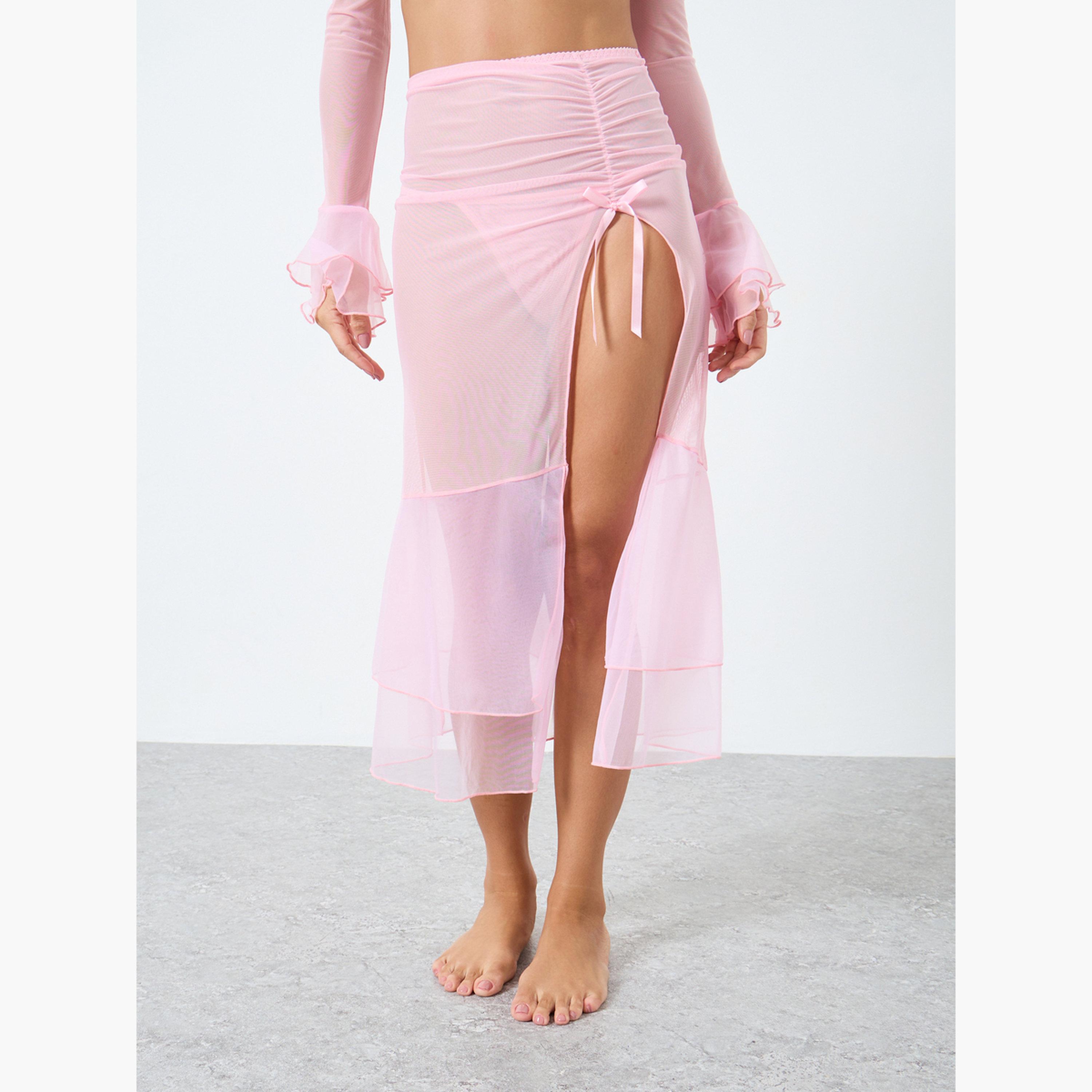 Take Two Solid Bow Front Ruffled Mesh Detail Top, Skirt and Brief Set-women-clothing-lingerie-lingeriesets-image-4