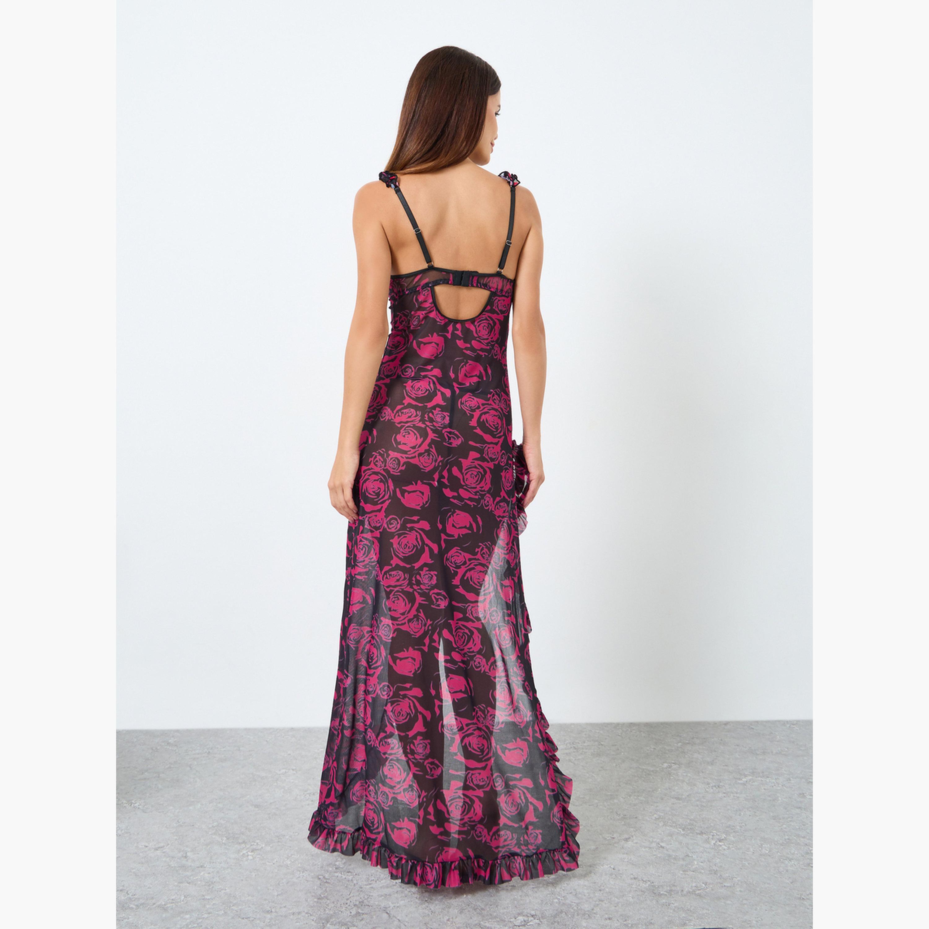 Take Two Floral Print Ruffle Split Hem Detail Mesh Slip with Brief-women-clothing-lingerie-babydollsandbodysuits-image-3