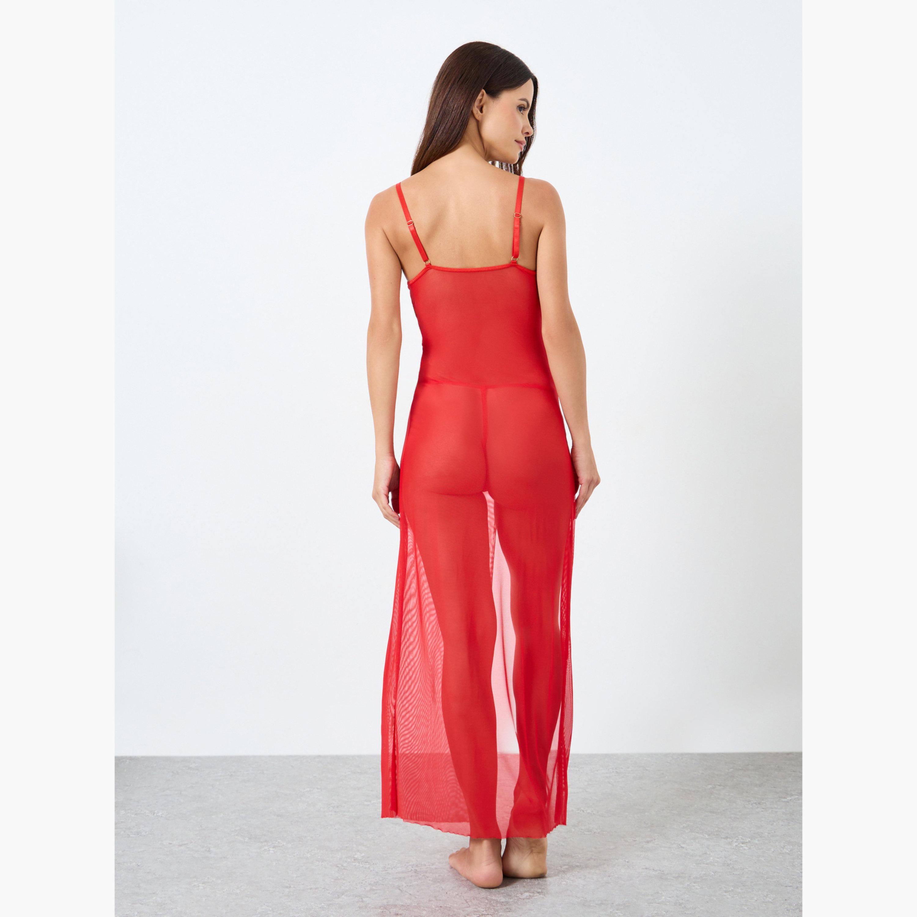 Take Two Rhinestone Shoulder Straps Wired Split Hem Mesh Slip Dress-women-clothing-lingerie-babydollsandbodysuits-image-3