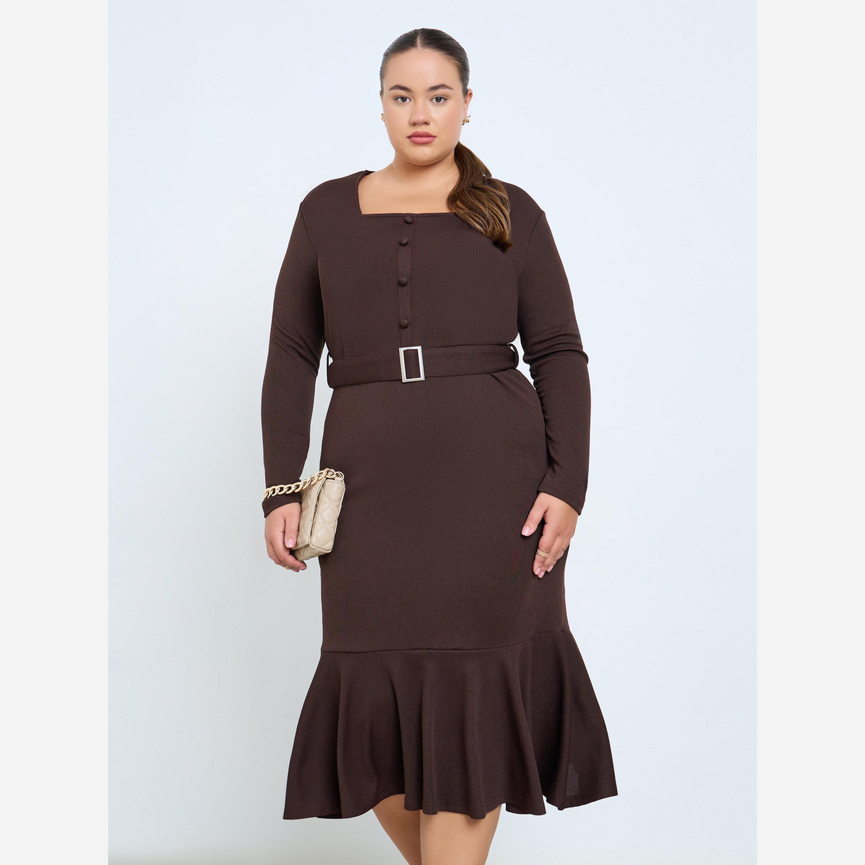 ستايلي - فستان متوسط الطول أكمام طويلة وحافة مكشكشة، مقاس واسع-women-clothing-dresses-image-2