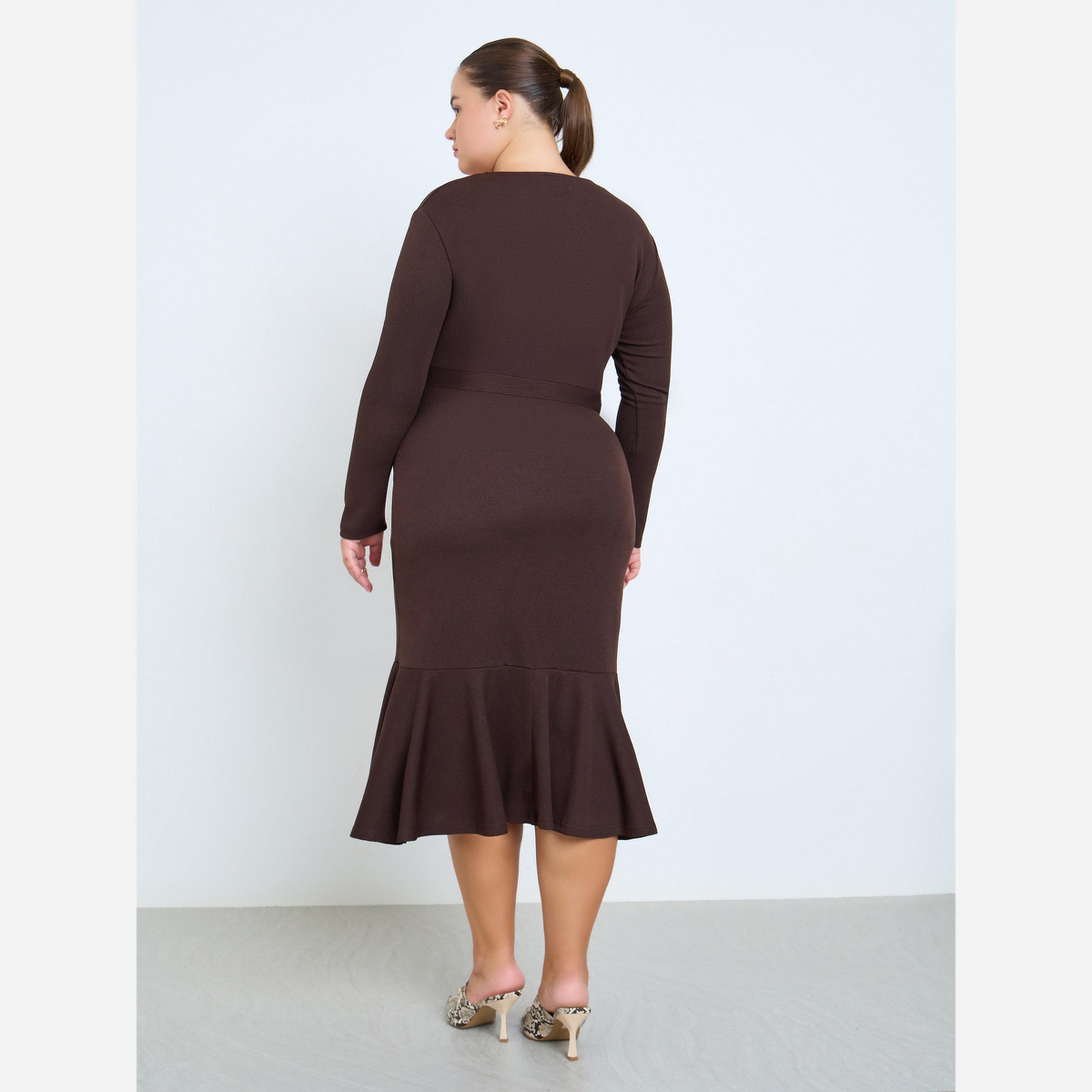 ستايلي - فستان متوسط الطول أكمام طويلة وحافة مكشكشة، مقاس واسع-women-clothing-dresses-image-3