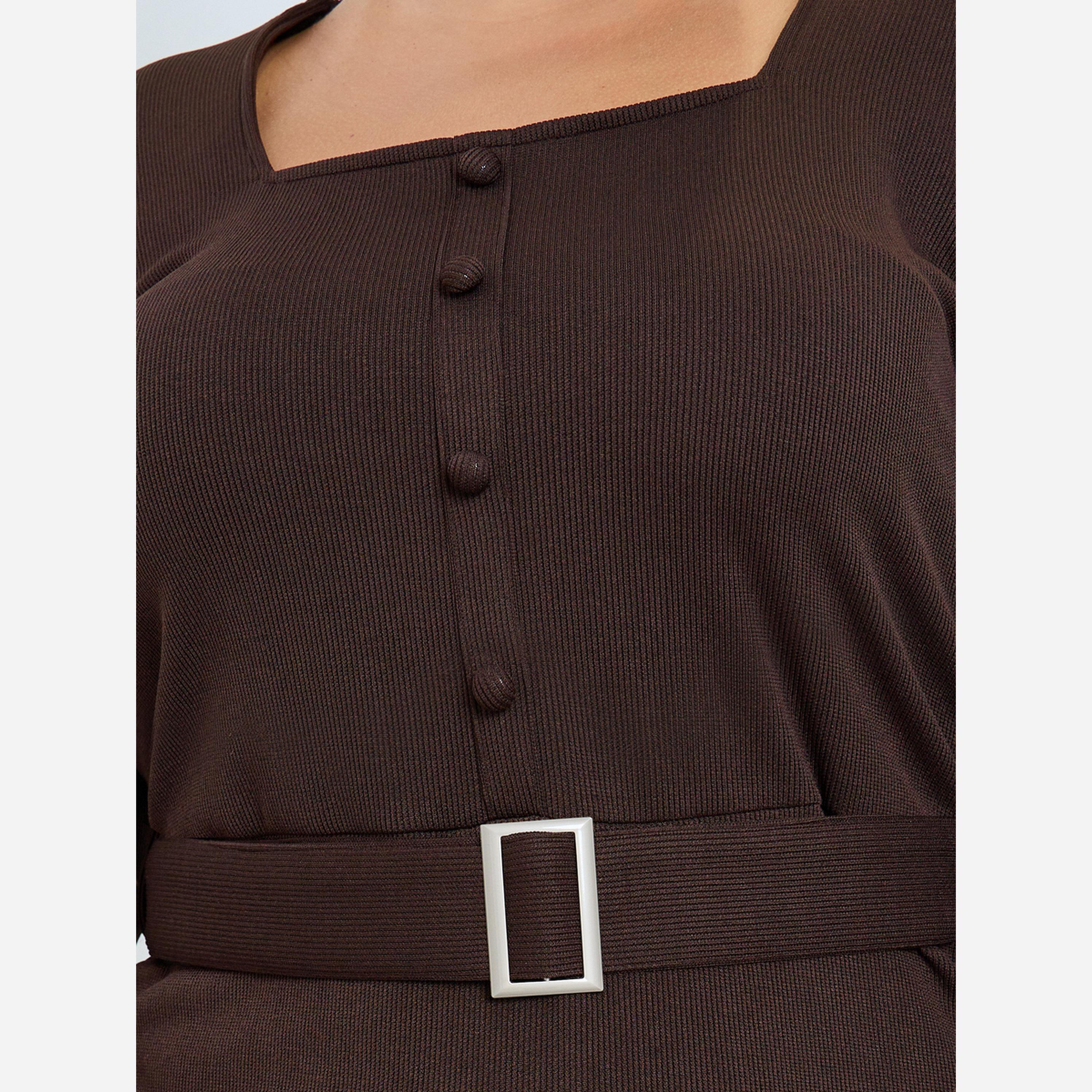ستايلي - فستان متوسط الطول أكمام طويلة وحافة مكشكشة، مقاس واسع-women-clothing-dresses-image-4