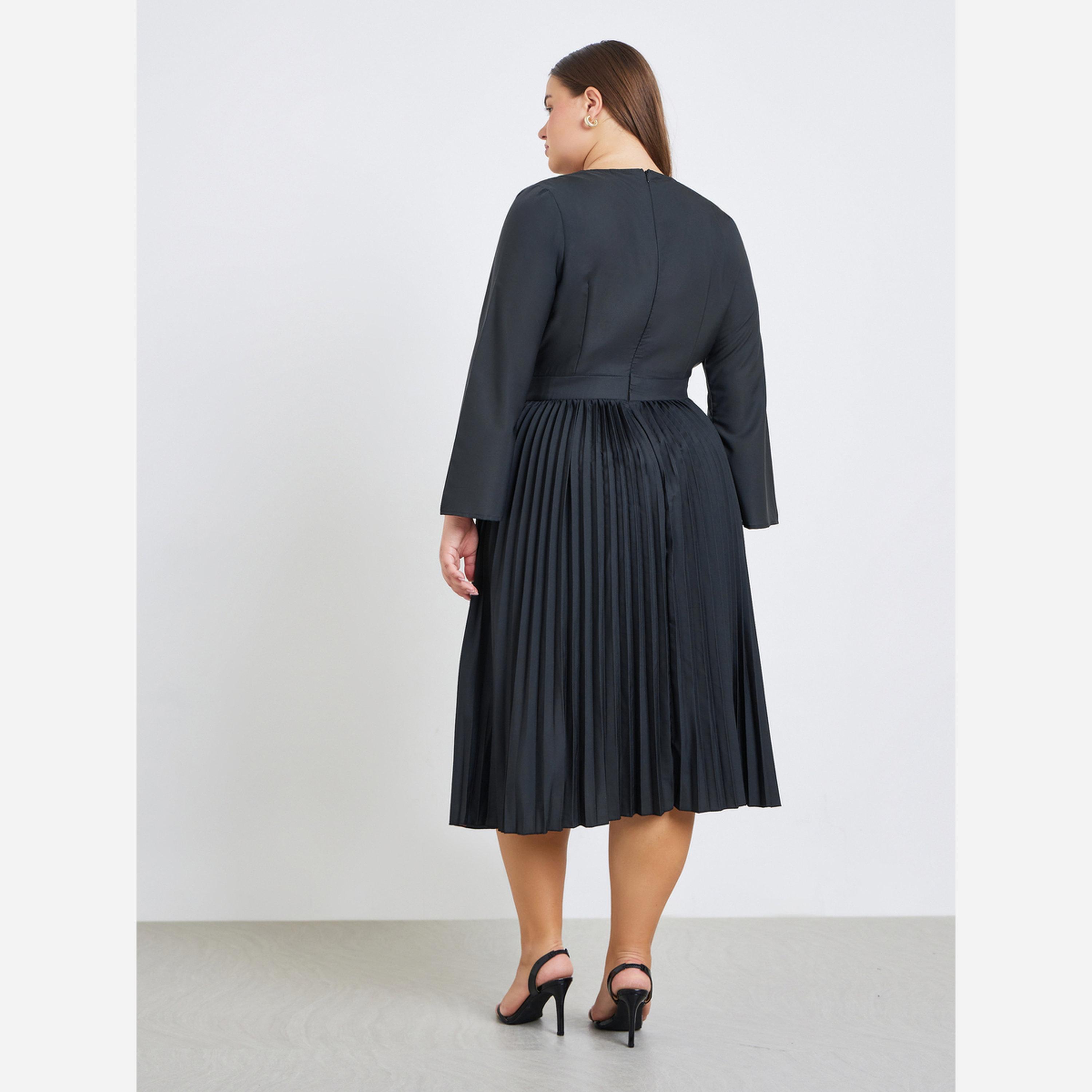 ستايلي - فستان متوسط الطول مكشكش طبعة زهور مقاس واسع-women-clothing-dresses-image-3