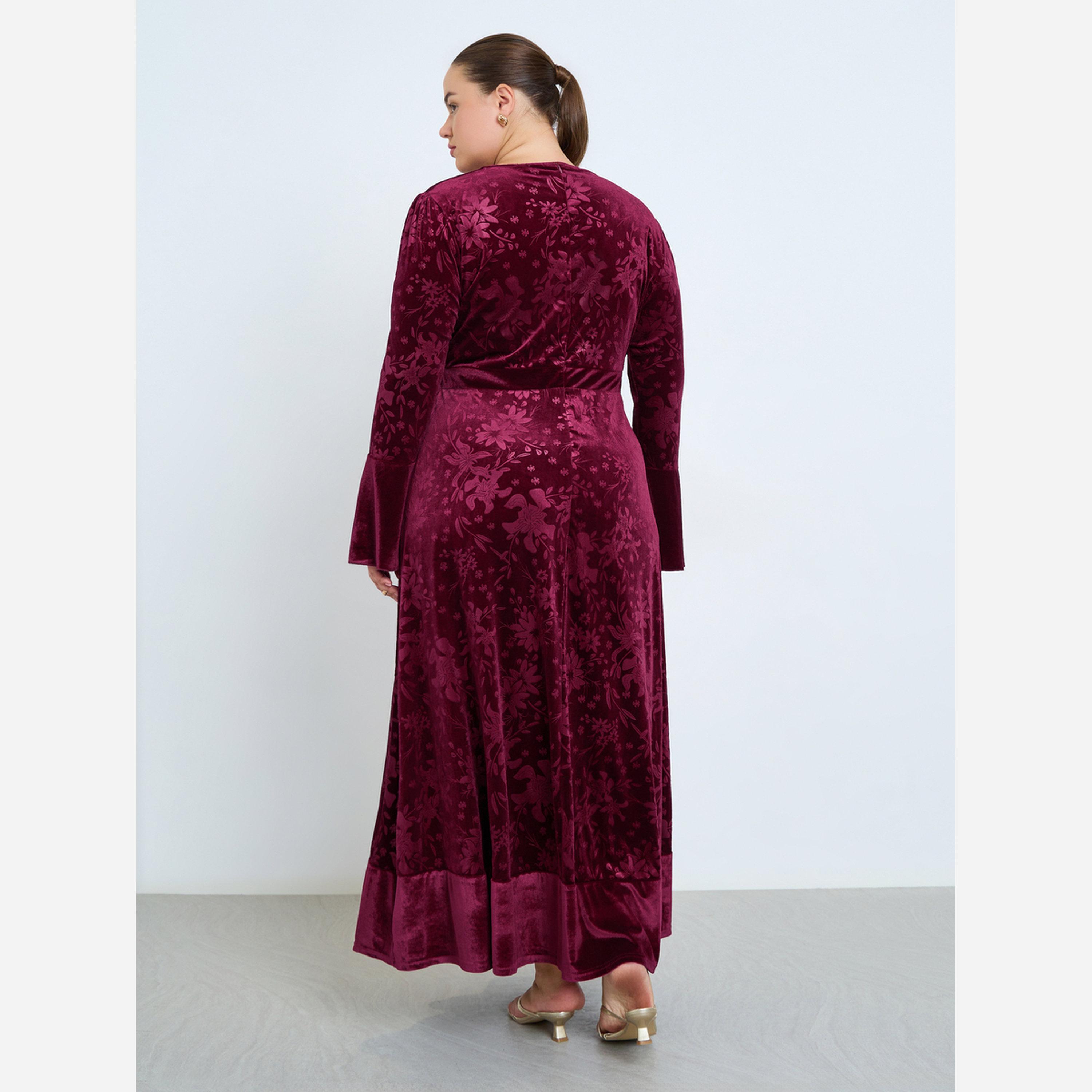 ستايلي - فستان متوسط الطول مخمل لون برغندي مقاس واسع-women-clothing-dresses-image-3