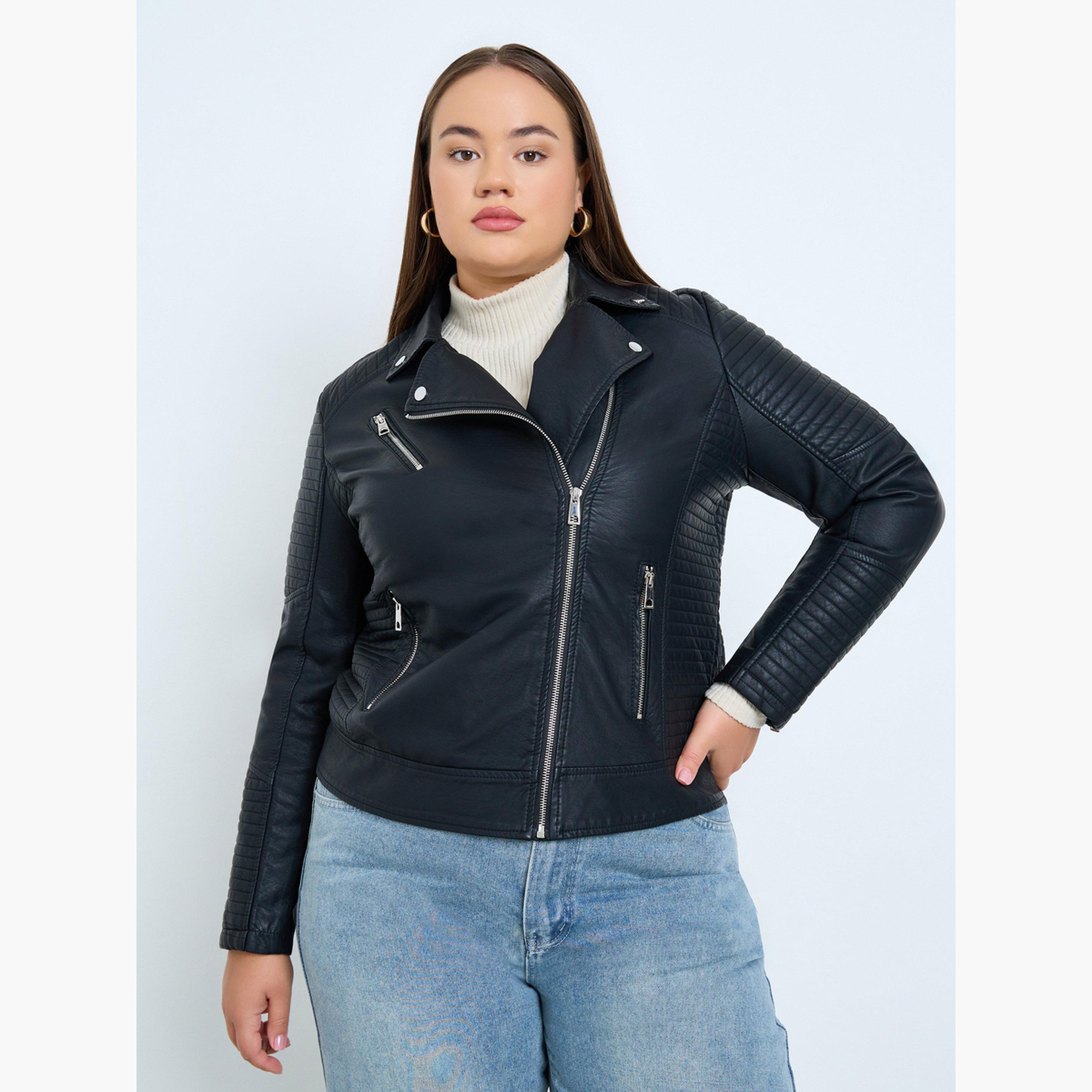 Take Two Textured Collared Long Sleeves Women's Zip Up Biker Jacket-women-winterwear-coatsandjackets-jackets-image-1