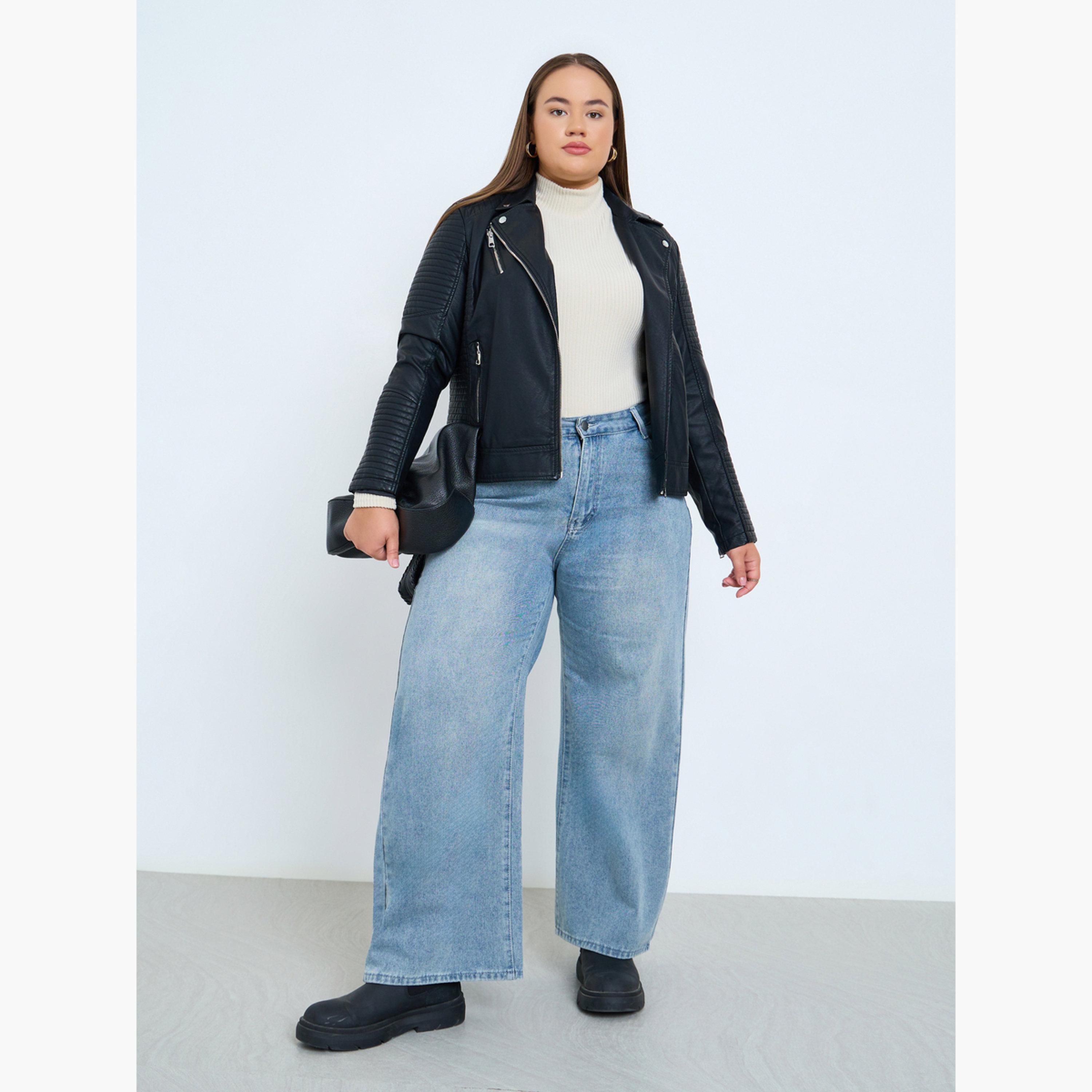 Take Two Textured Collared Long Sleeves Women's Zip Up Biker Jacket-women-winterwear-coatsandjackets-jackets-image-2