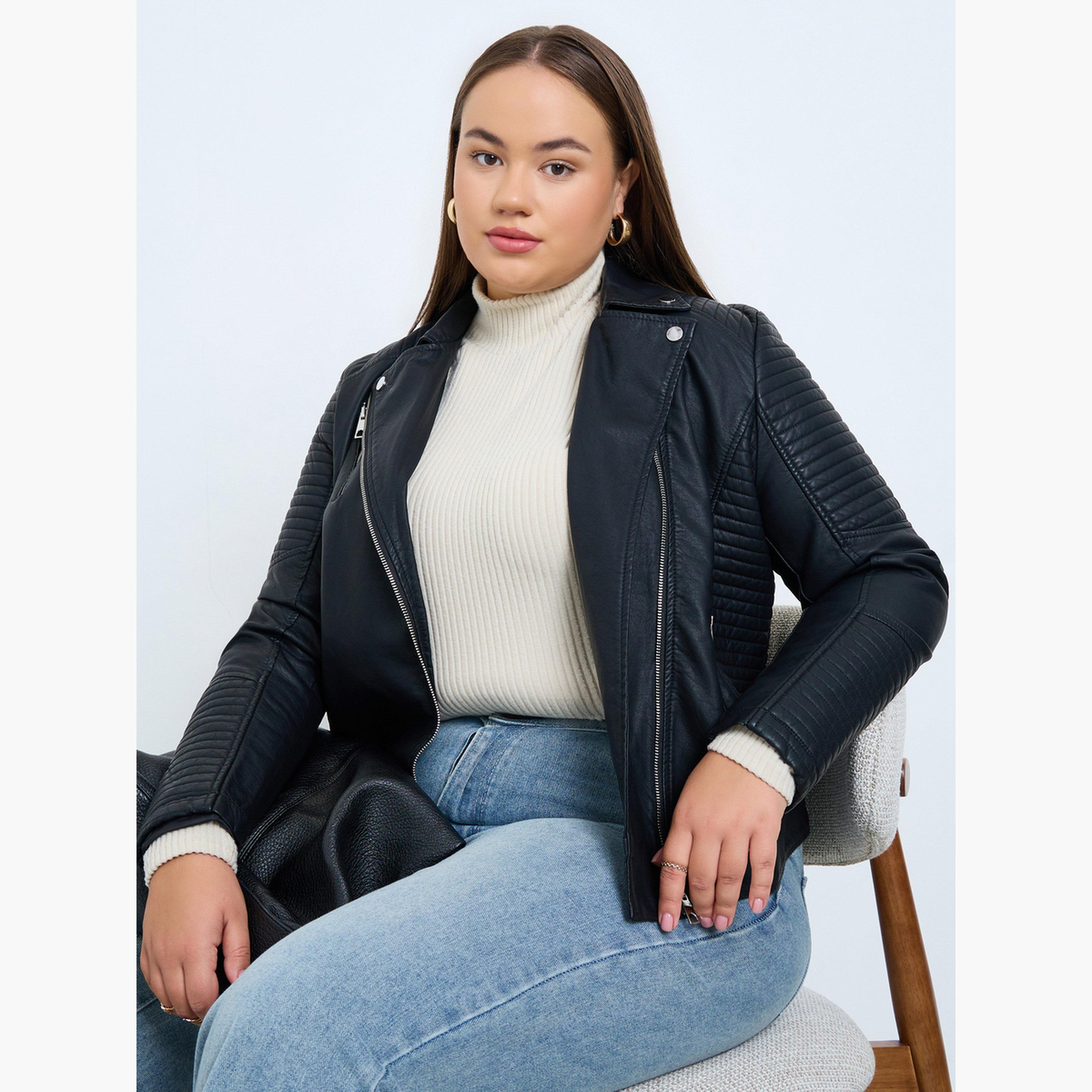 تيك تو - جاكيت بايكر نسائي بسحاب وياقة وأكمام طويلة-women-winterwear-coatsandjackets-jackets-image-4
