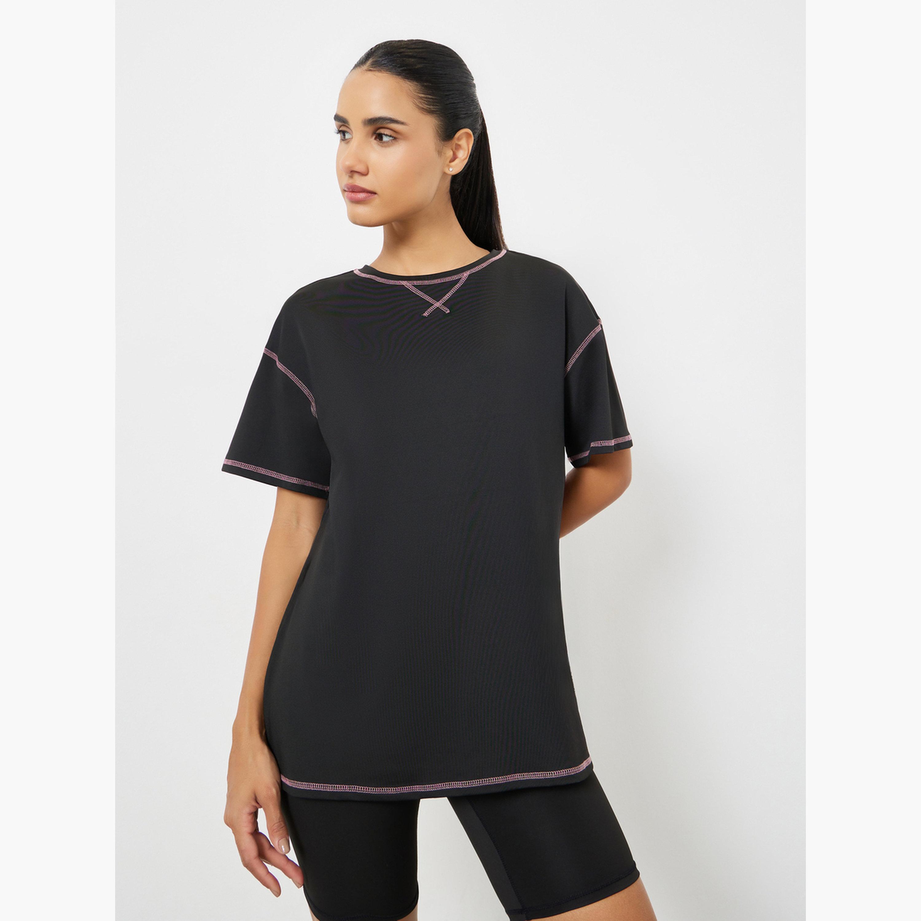 بلوزة قصة واسعة مربعة بخياطة حافة متباينة-women-clothing-sportswearandactivewear-tshirtsandvests-image-1